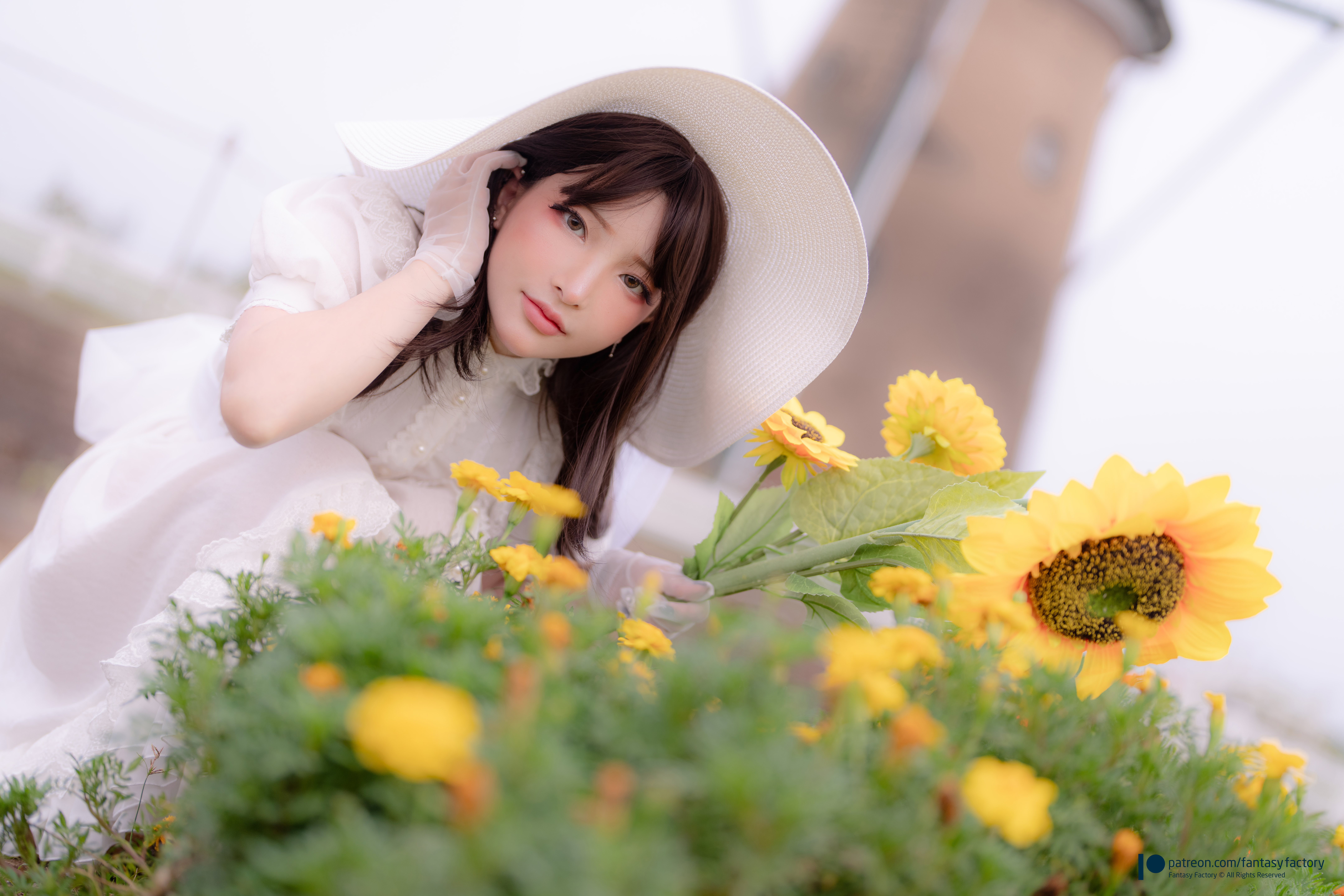 Women Model Asian Women Outdoors Women With Hats Brunette Dress White Clothing Sunflowers 8640x5760