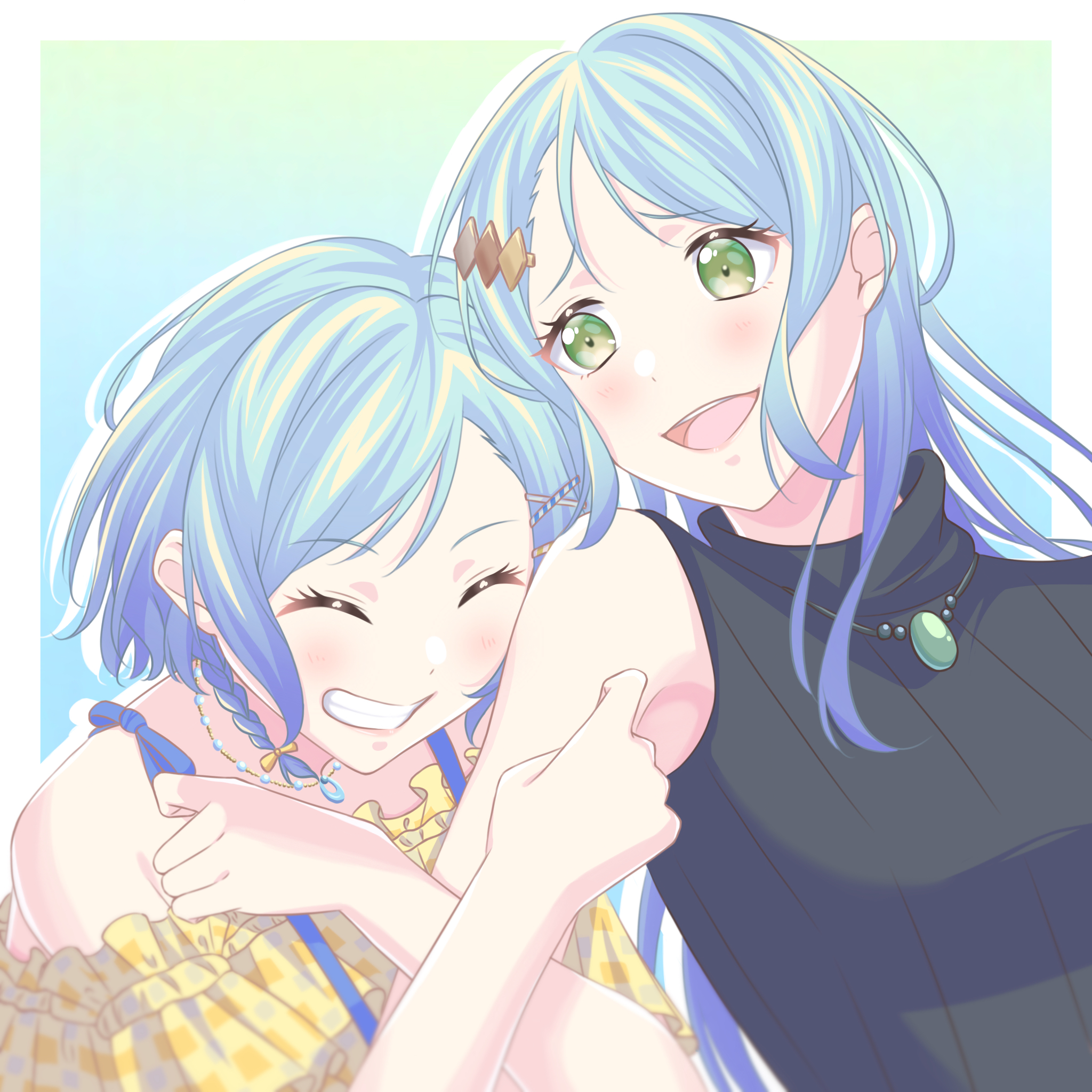 Anime Anime Girls BanG Dream Hikawa Hina Hikawa Sayo Short Hair Long Hair Green Hair Twins Two Women 2048x2048