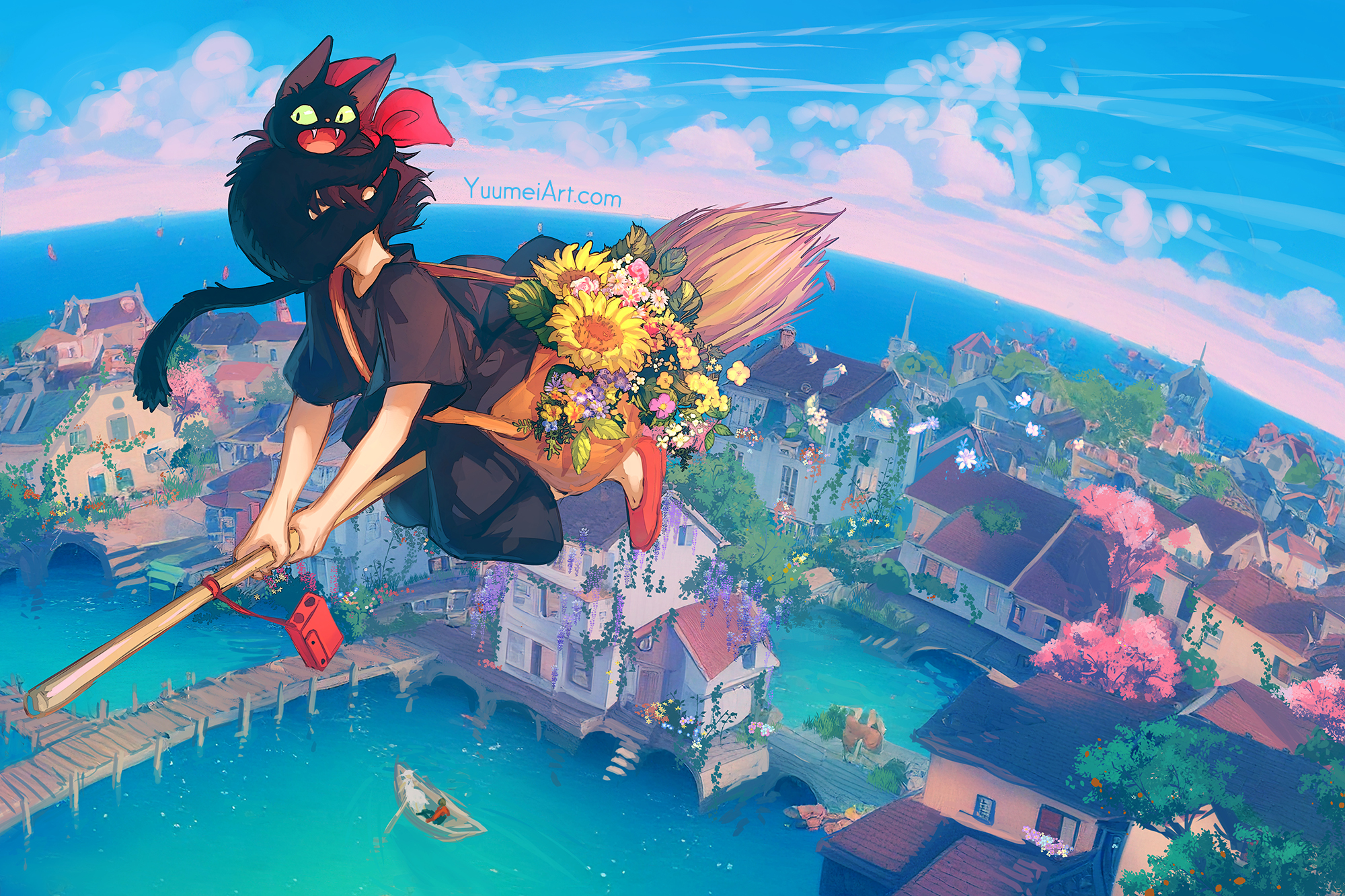 Anime Girls Anime Sky Cats Flowers Animals Black Hair Boat City Clouds Dress Black Dress High Angle  2000x1333