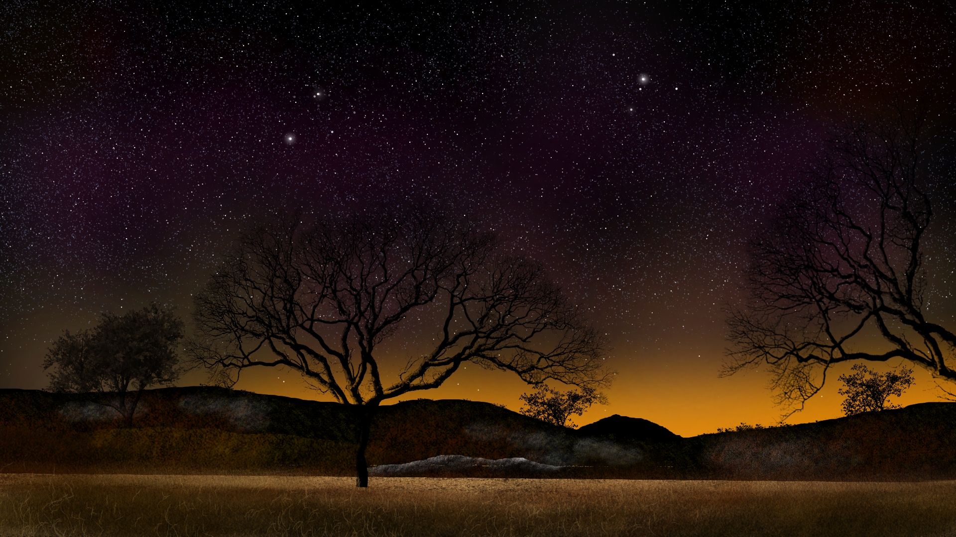 Digital Painting Digital Art Nature Landscape Starry Night Twilight Stars Night Trees 1920x1080