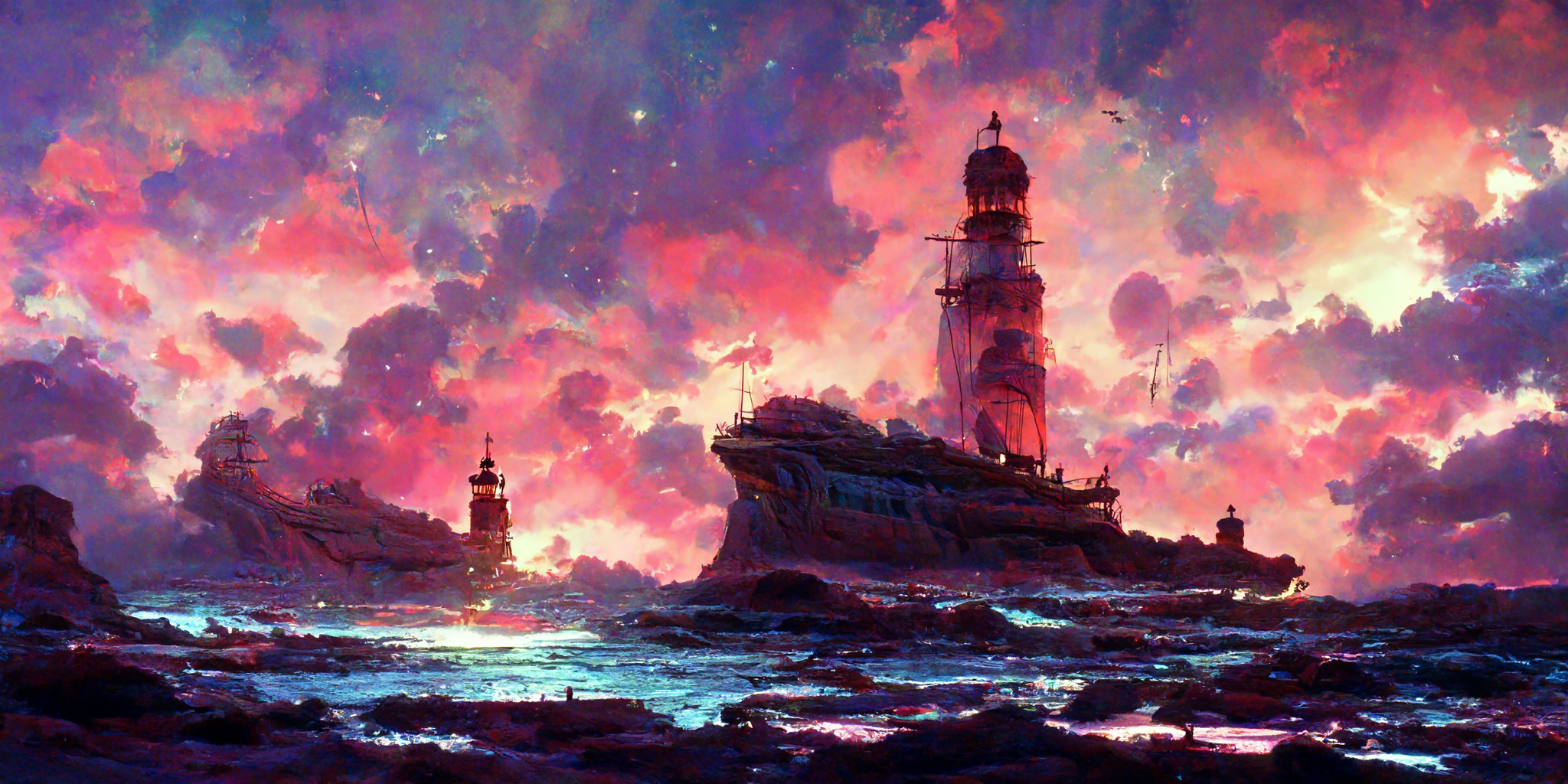 Ai Vaporwave Red Clouds Stars Coast Lighthouse Shipwreck Ocean View Cliff Pink Ai Art Water 2048x1024