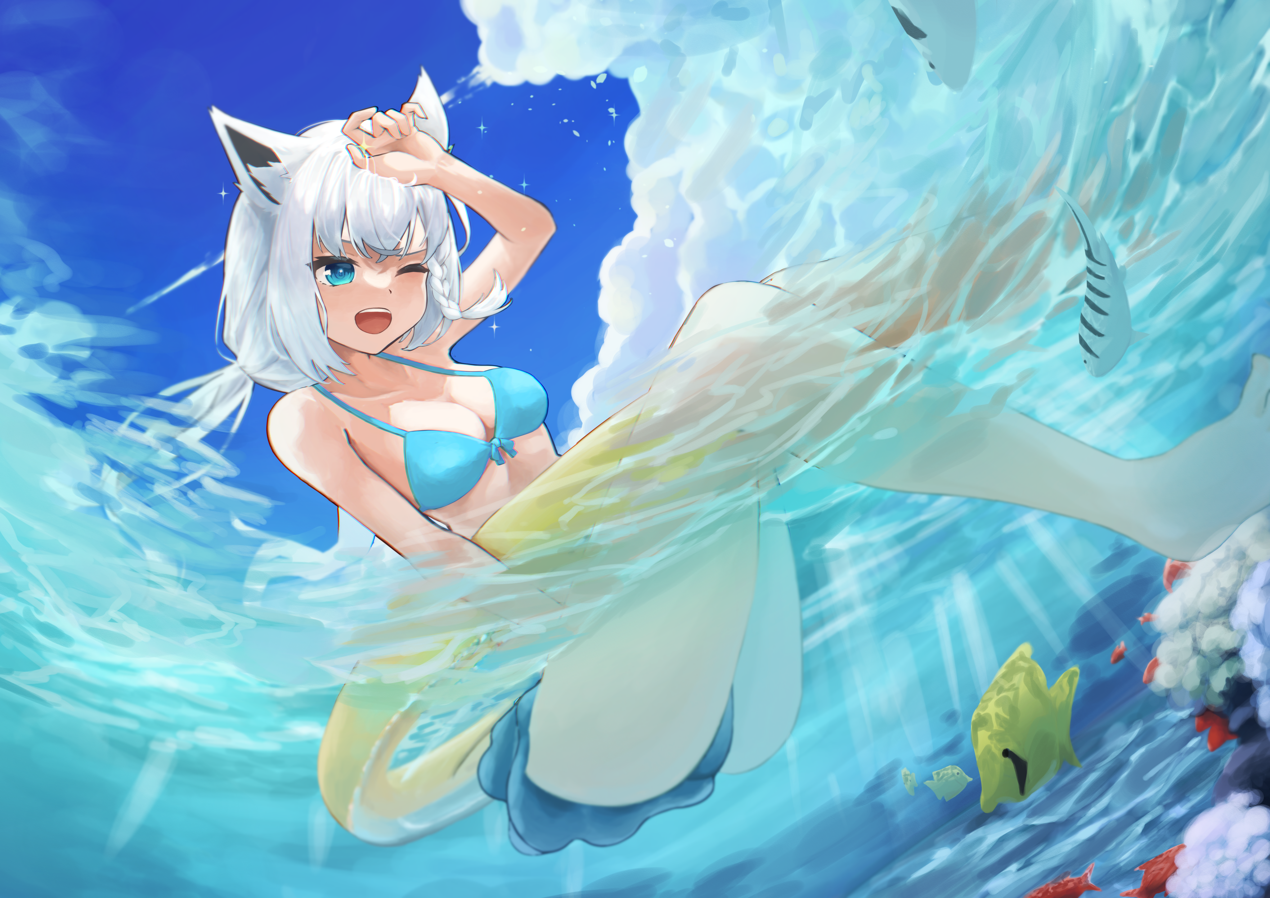 Anime Anime Girls Digital Digital Art Artwork 2D Looking At Viewer Cat Girl Blue Eyes Cat Ears Water 4093x2894