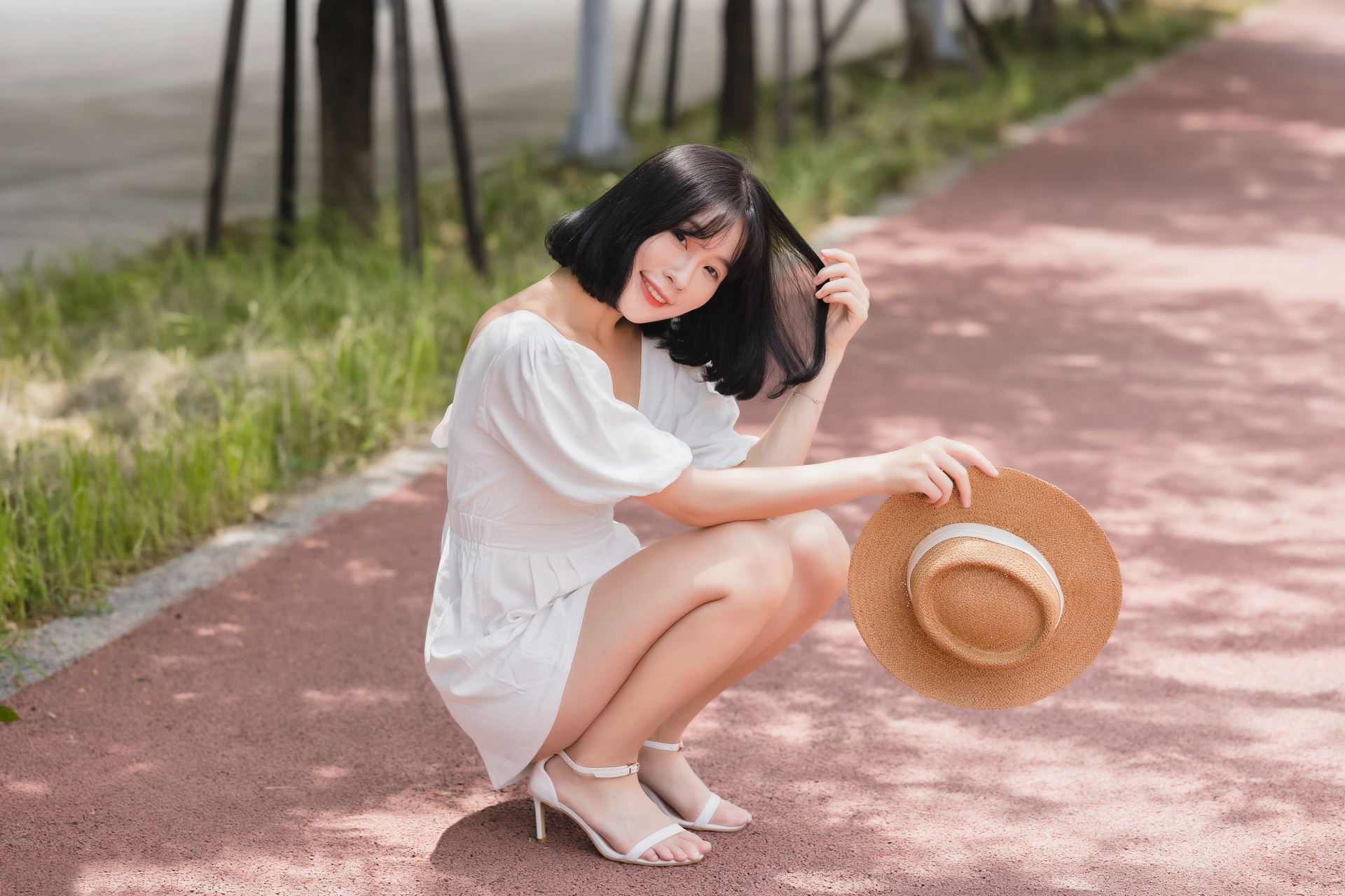 Asian Model Women Barefoot Sandal Straw Hat White Dress Depth Of Field Grass Looking At Viewer Black 1920x1280