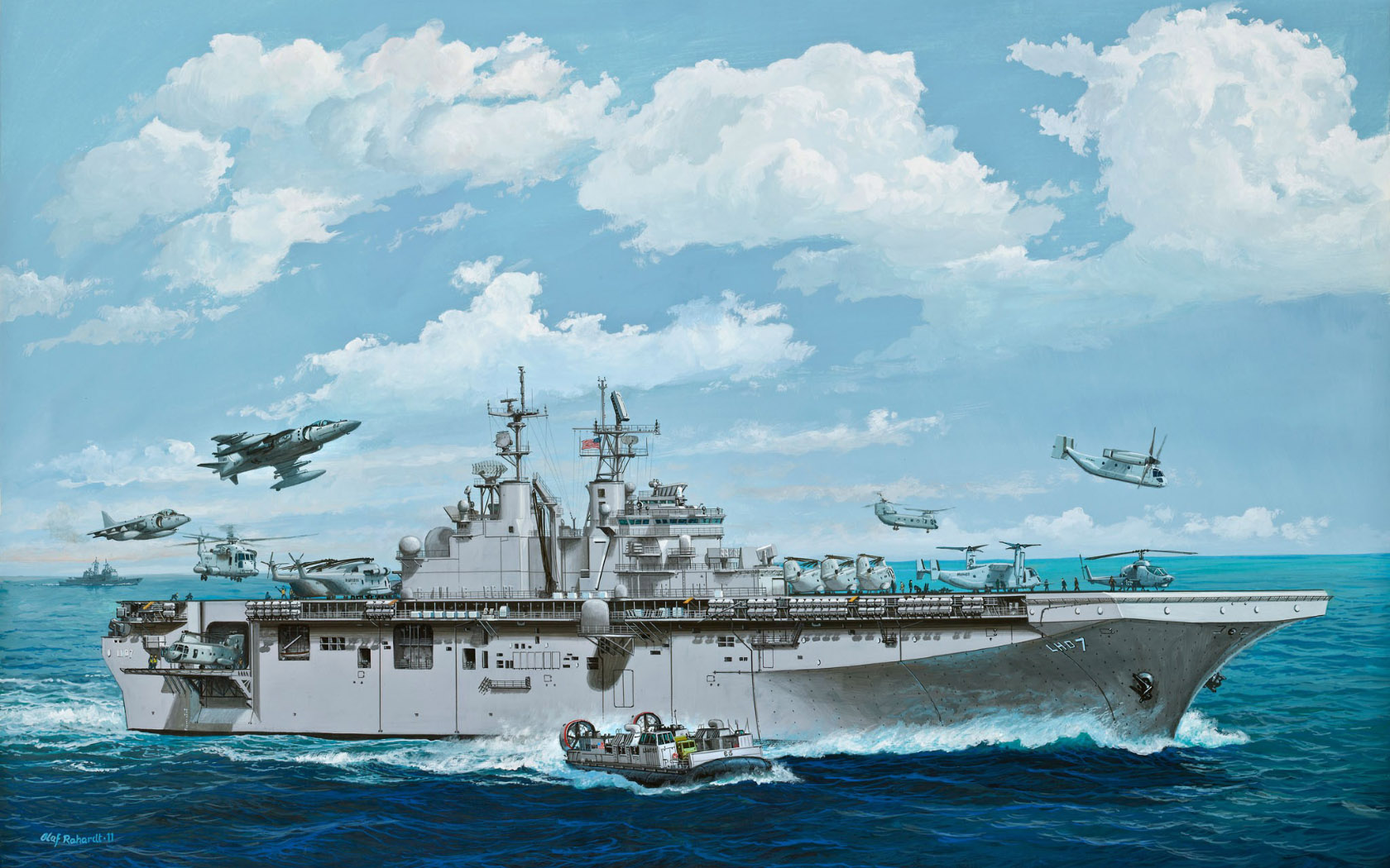 Warship Army Sea Sky Aircraft Flying Military Military Vehicle Clouds Water Waves Artwork Boat 1680x1050