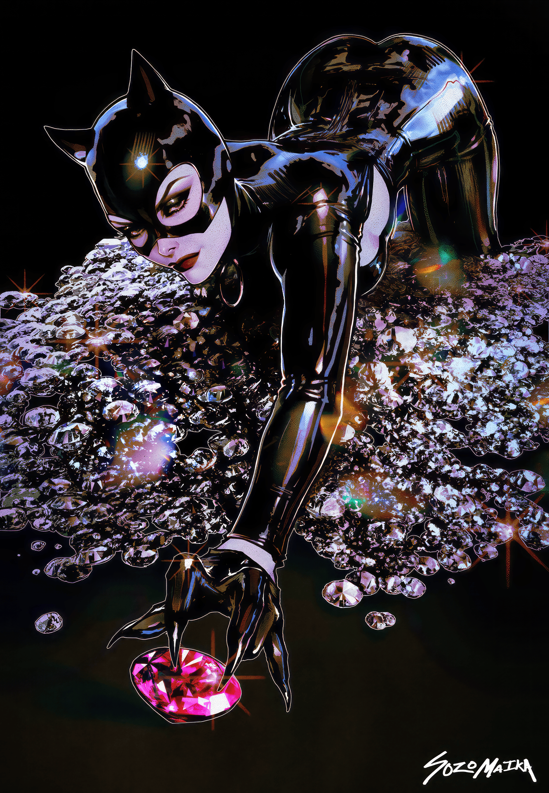 Digital Painting Painting Catwoman Diamonds Jewels SOZOMAiKA Minimalism Simple Background Gems Black 1870x2700