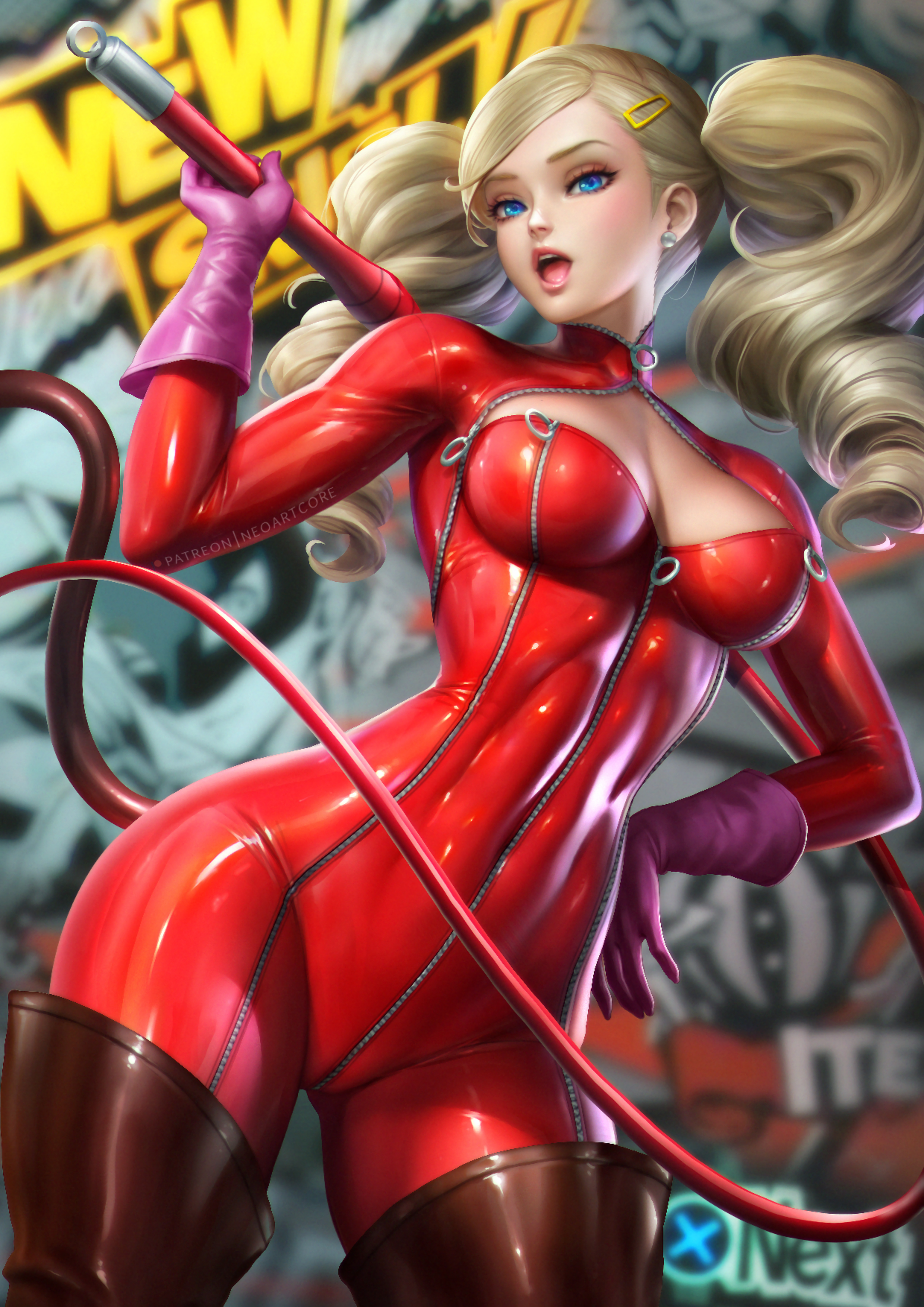 Persona 5 NeoArtCorE Artist Tight Clothing Blonde Blue Eyes Whips Zipper Looking At Viewer Standing  2480x3508