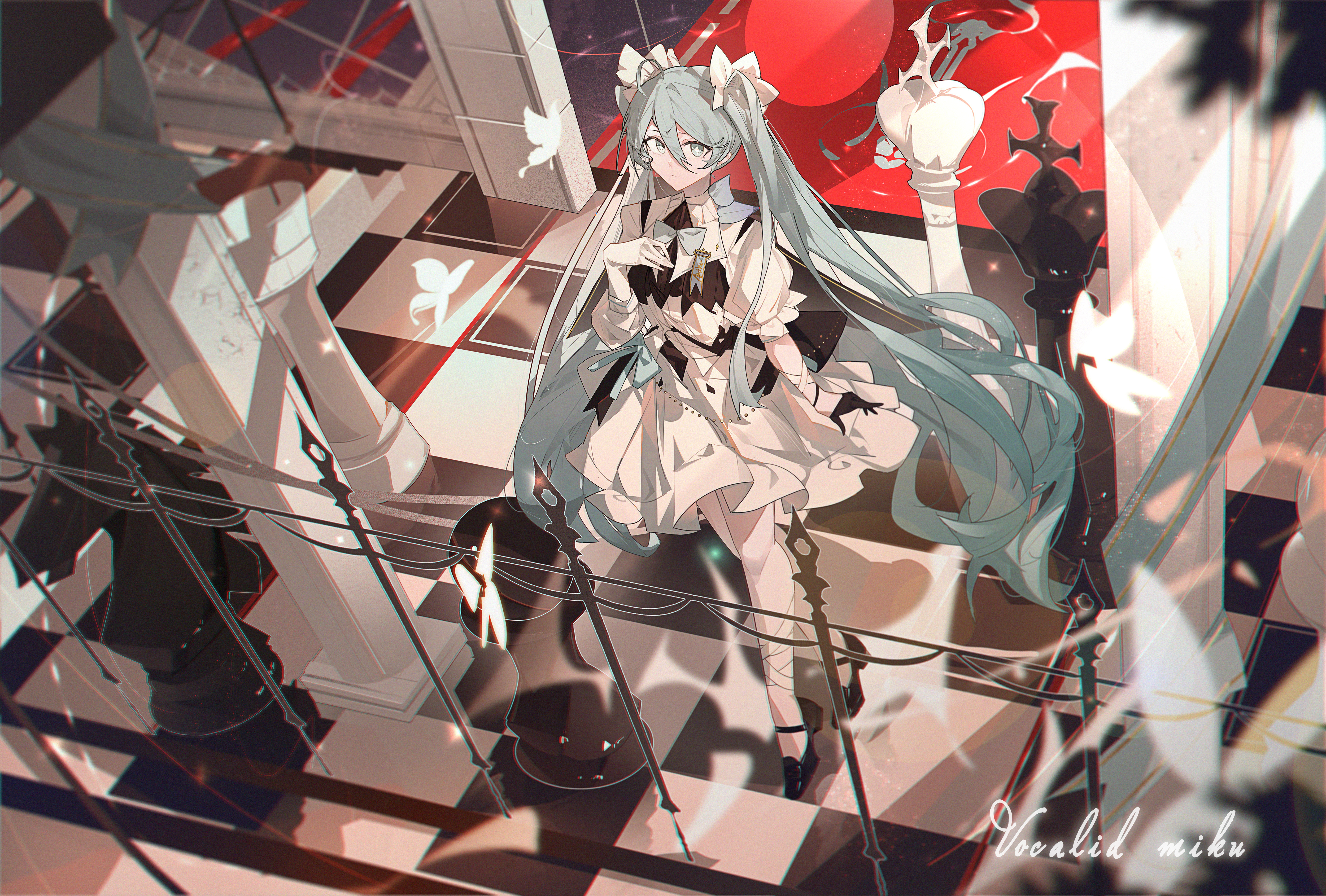 Anime Anime Girls Standing Twintails Hatsune Miku Vocaloid Chess Checkered Looking At Viewer Dress B 5000x3380