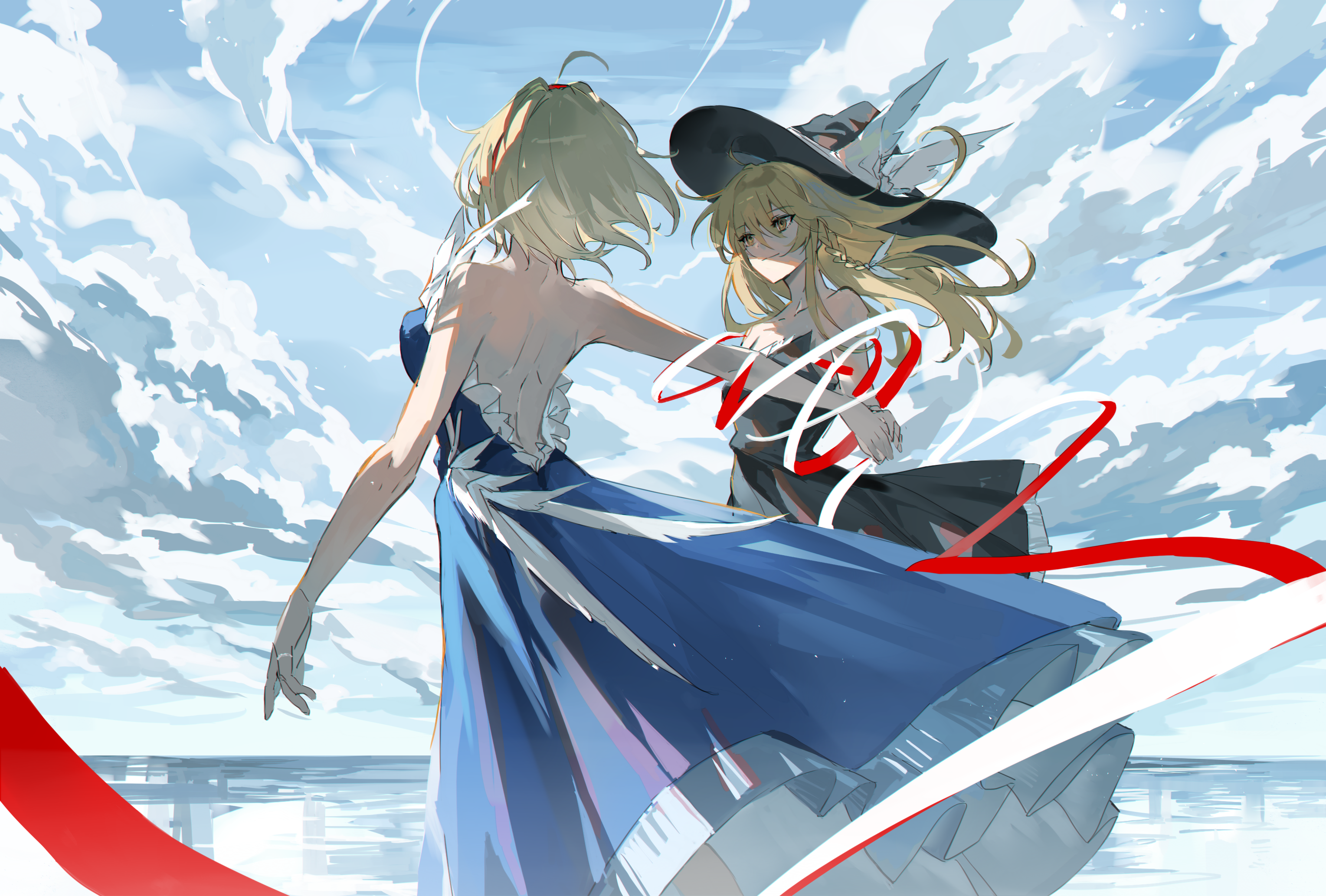 Anime Anime Girls Hat Clouds Sky Dress Long Hair Blonde Yellow Eyes Smiling Hair Blowing In The Wind 3057x2066