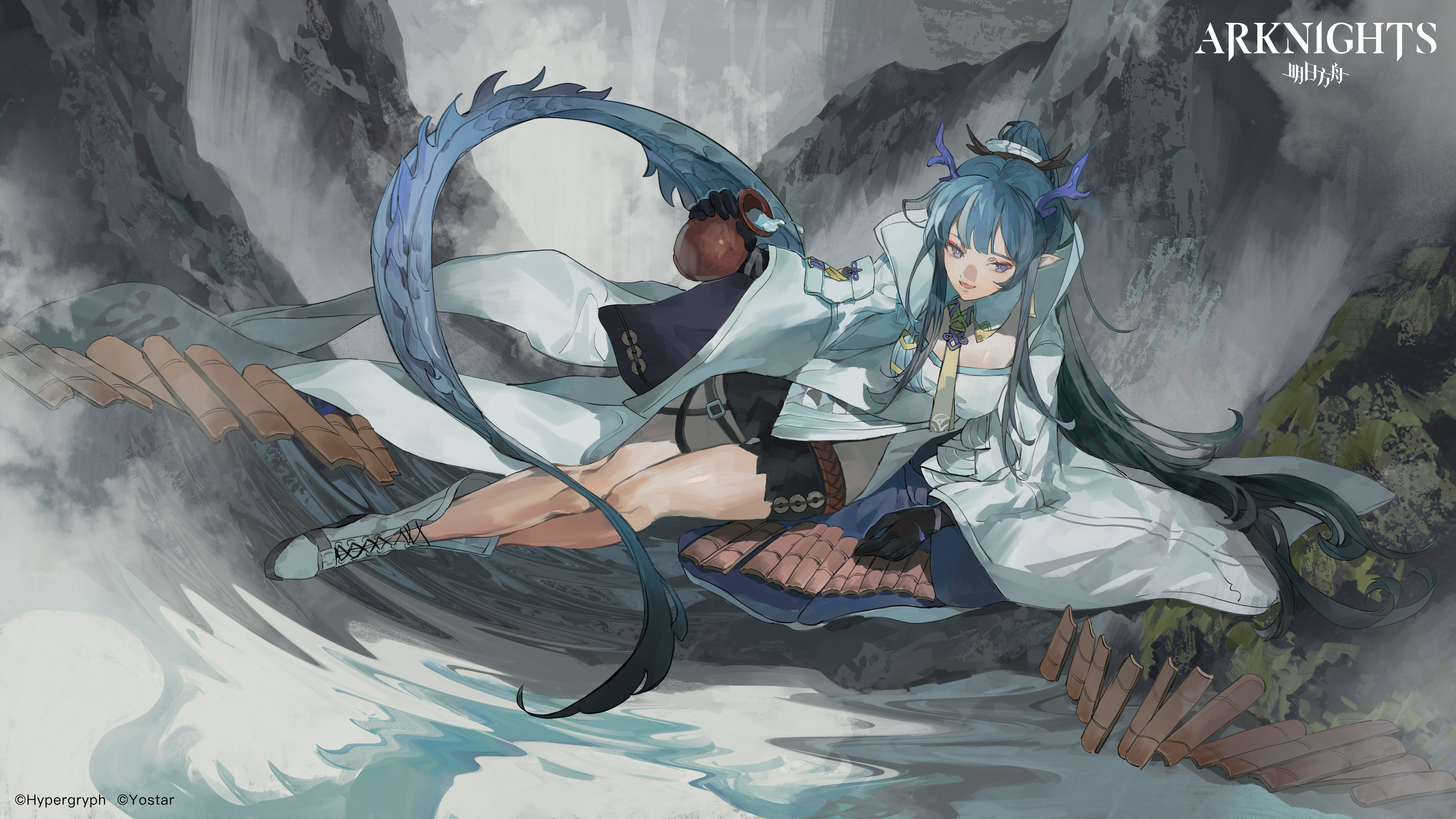 Arknights Ling Arknights Anime Girls Blue Hair Horns Tail Blue Eyes Pointy Ears 5866x3300