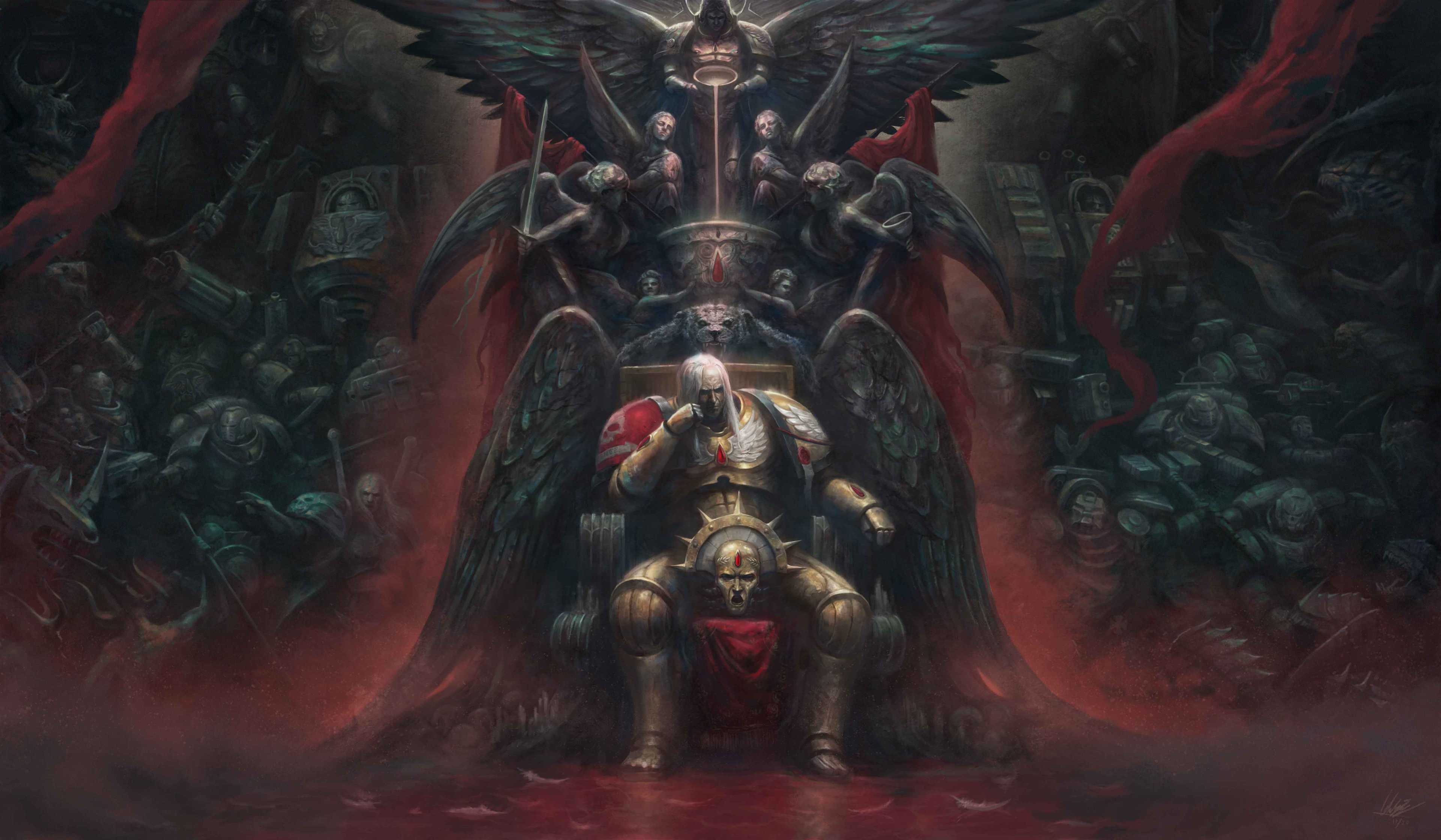 Science Fiction Warhammer 40 000 Gold Black Wings Blood Angels White Hair Skull Space Marines Video  3840x2240