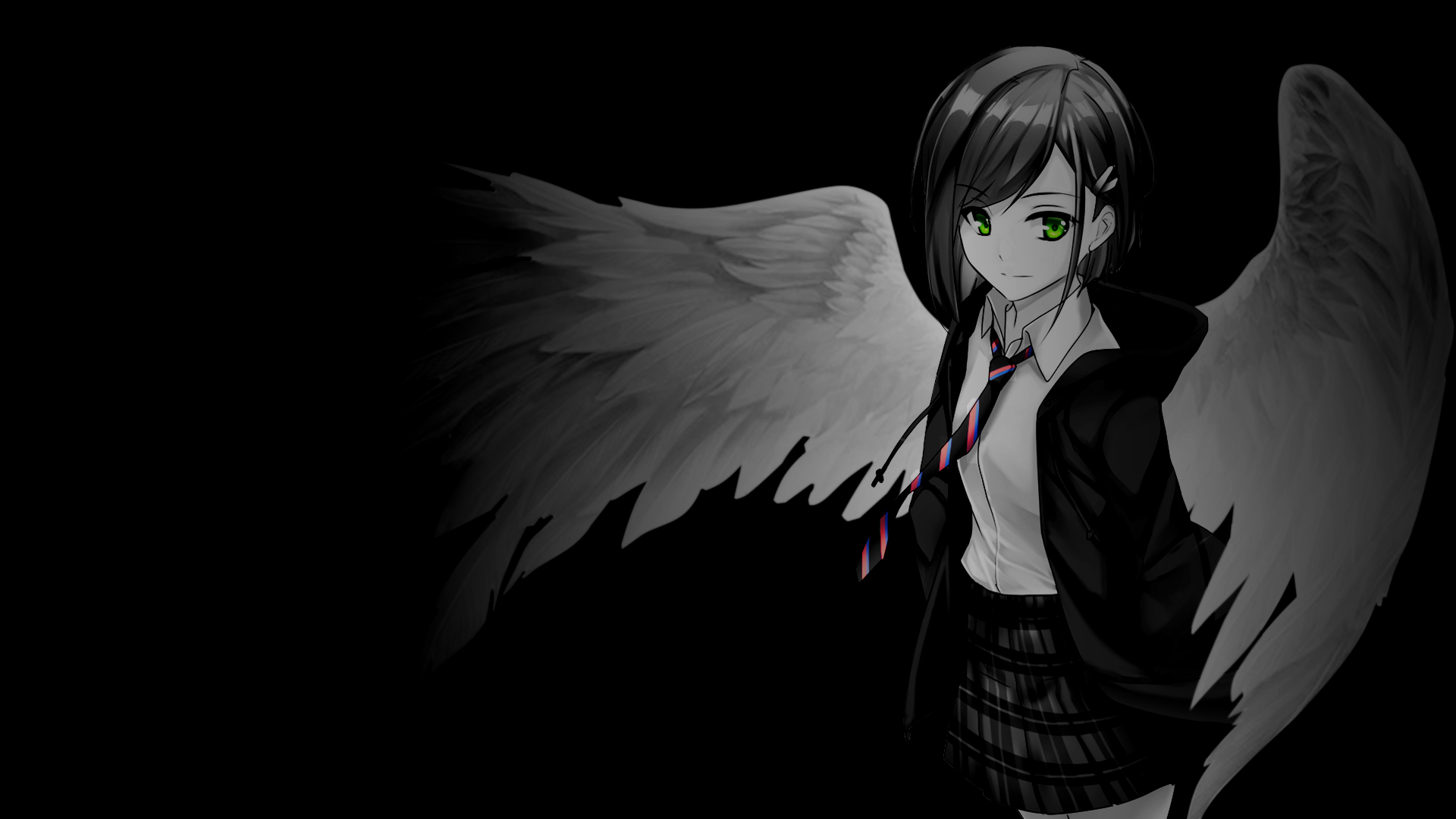 Anime Girls Selective Coloring Black Background Simple Background Dark Background Wings 1920x1080