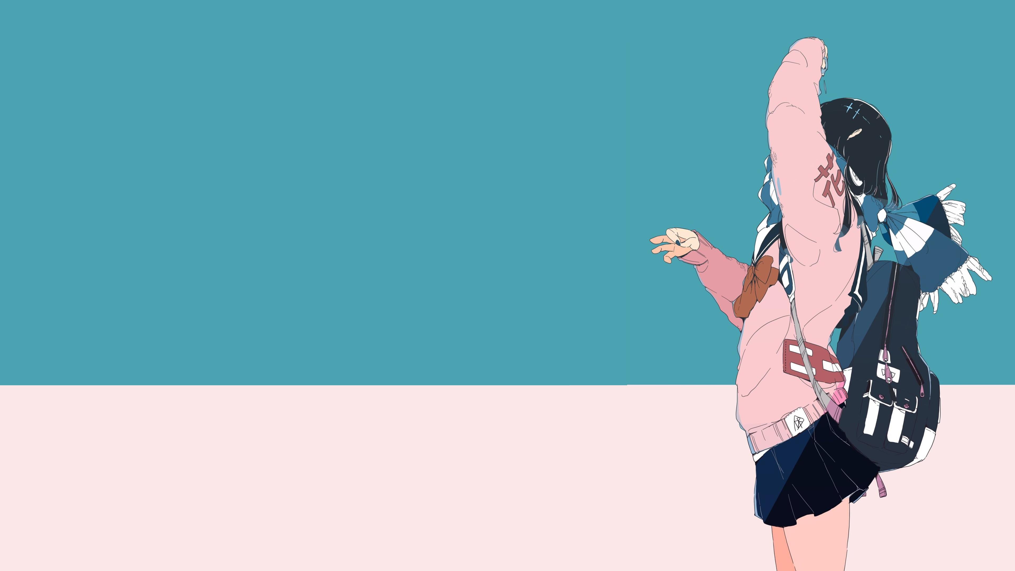 Daisukerichard Anime Girls Original Characters Minimalism Backpacks Simple Background Scarf 3840x2160