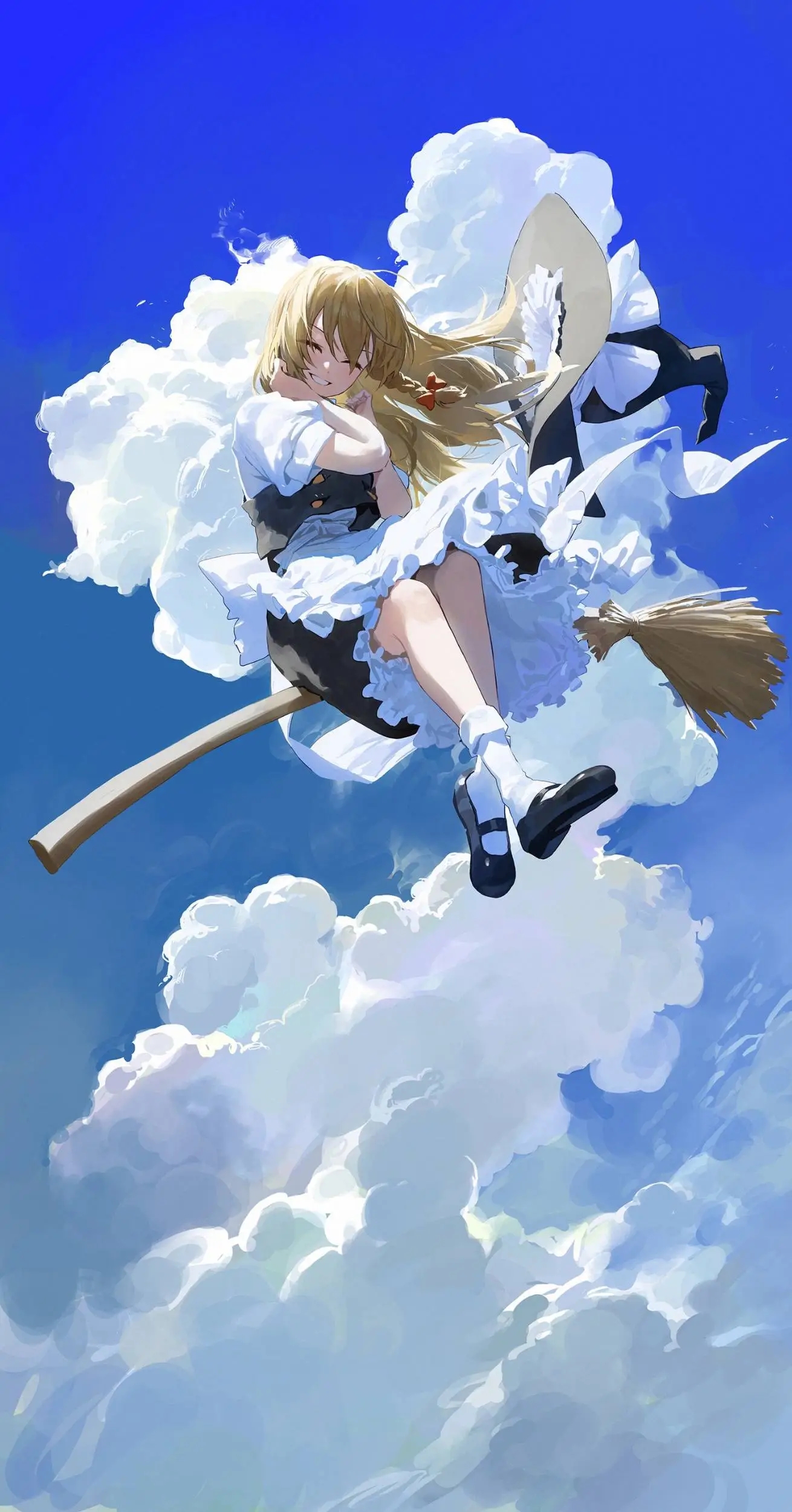 Touhou Kirisame Marisa Sky Portrait Display Anime Girls Clouds Closed Eyes Witch Hat Witchs Broom Lo 1310x2500