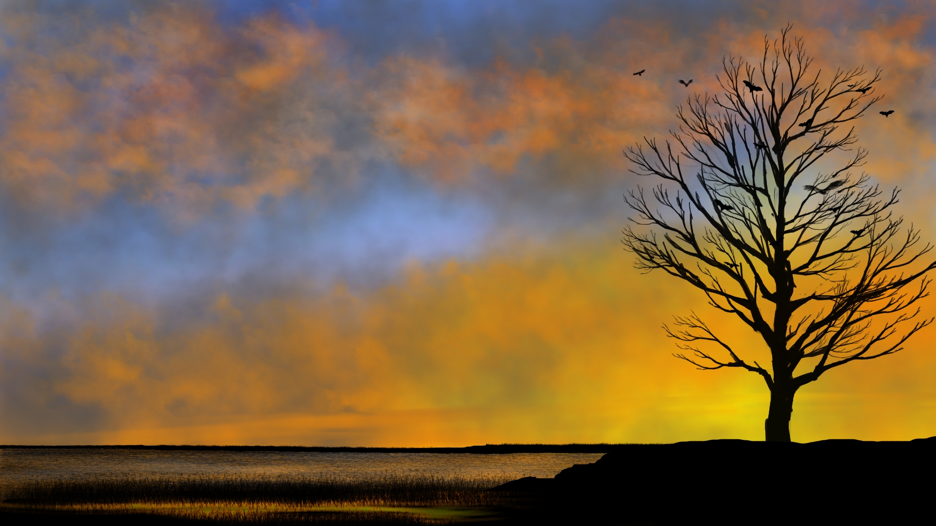 Digital Painting Digital Art Nature Landscape Twilight Sunset Sunset Glow Clouds Sky Silhouette Bran 1920x1080