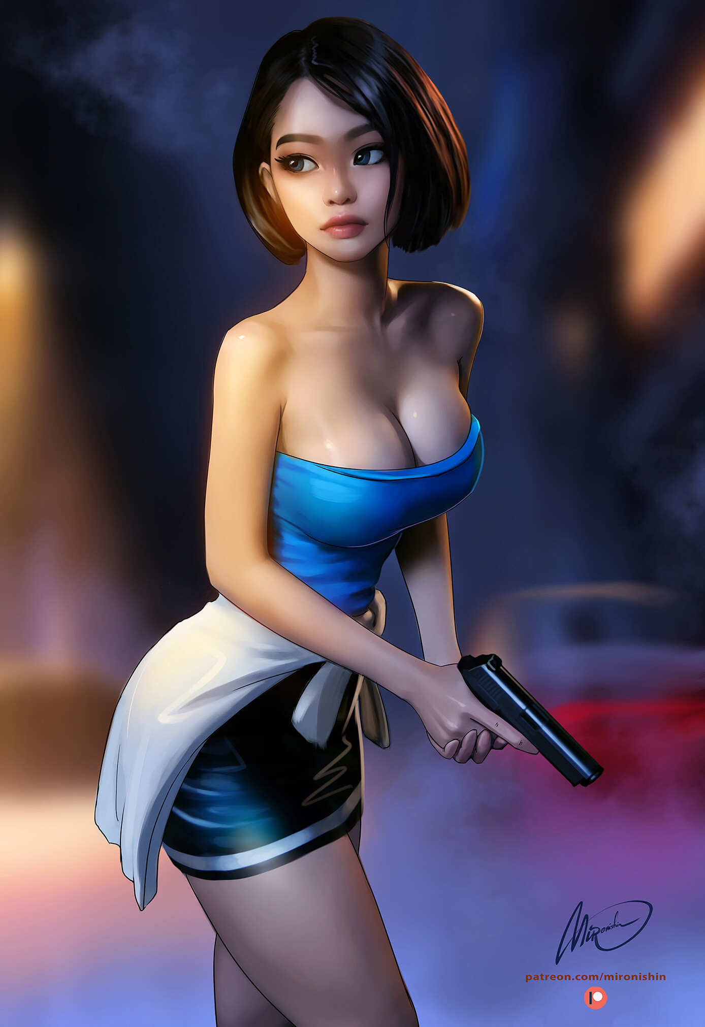 Mironishin Story Drawing Jill Valentine Resident Evil Dark Hair Pistol Blue Clothing Looking Away De 1388x2022