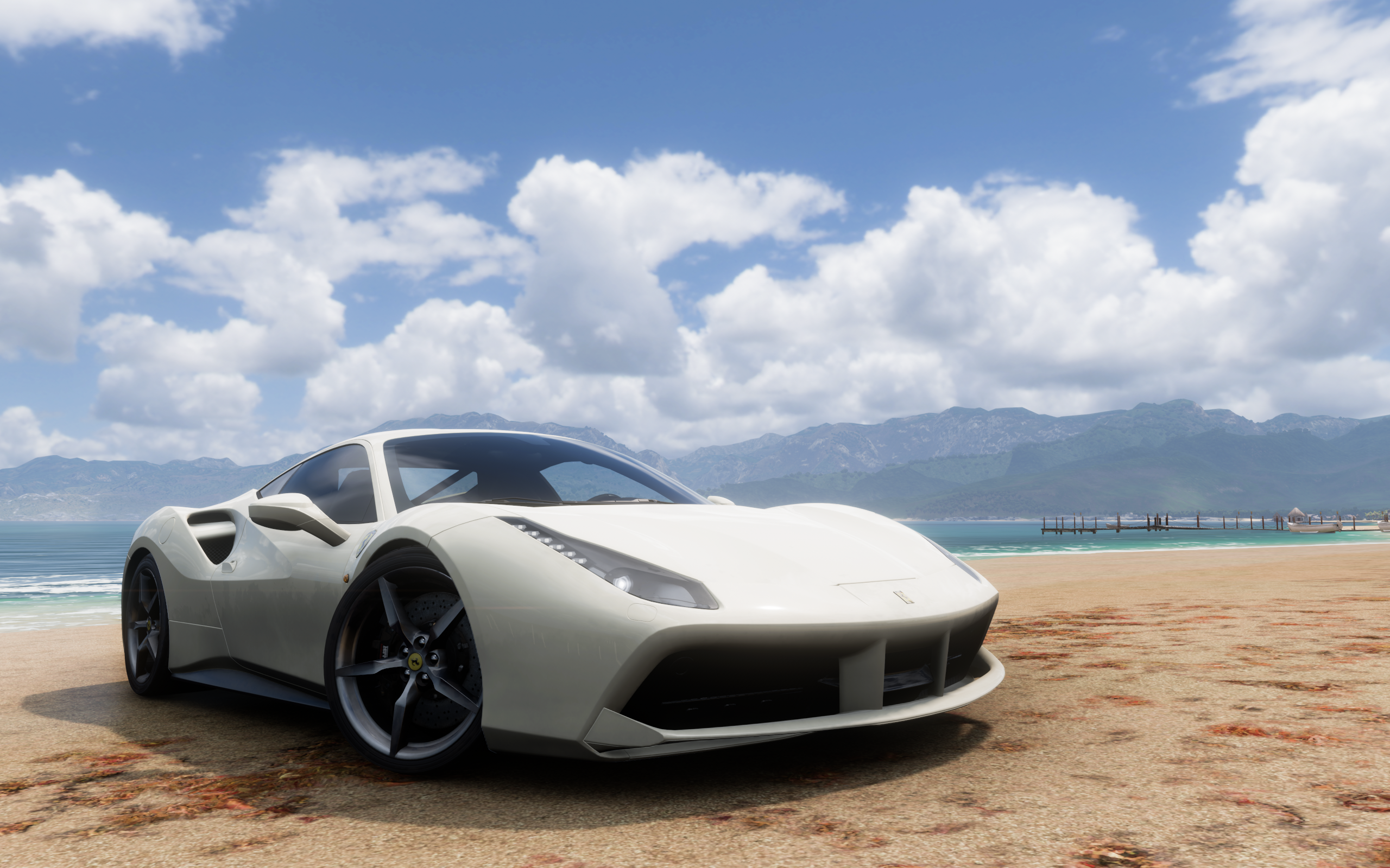 Forza Horizon 5 Ferrari Screen Shot Video Games CGi Front Angle View Clouds Beach Sand Water Car 2560x1600