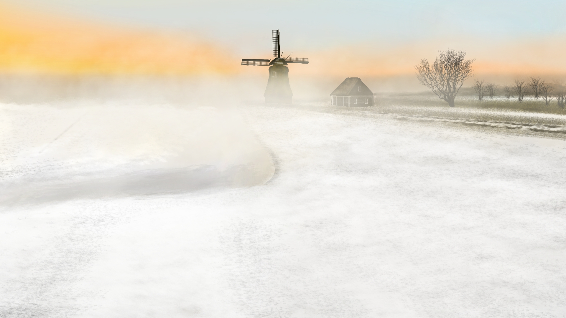 Digital Painting Digital Art Windmill Snow Nature Landscape 1920x1080