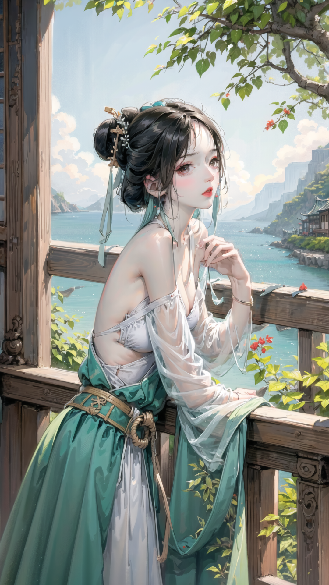 Portrait Illustration Fantasy Girl China Gufen Vertical Dress Leaves Water Hairbun Branch Looking At 1080x1920