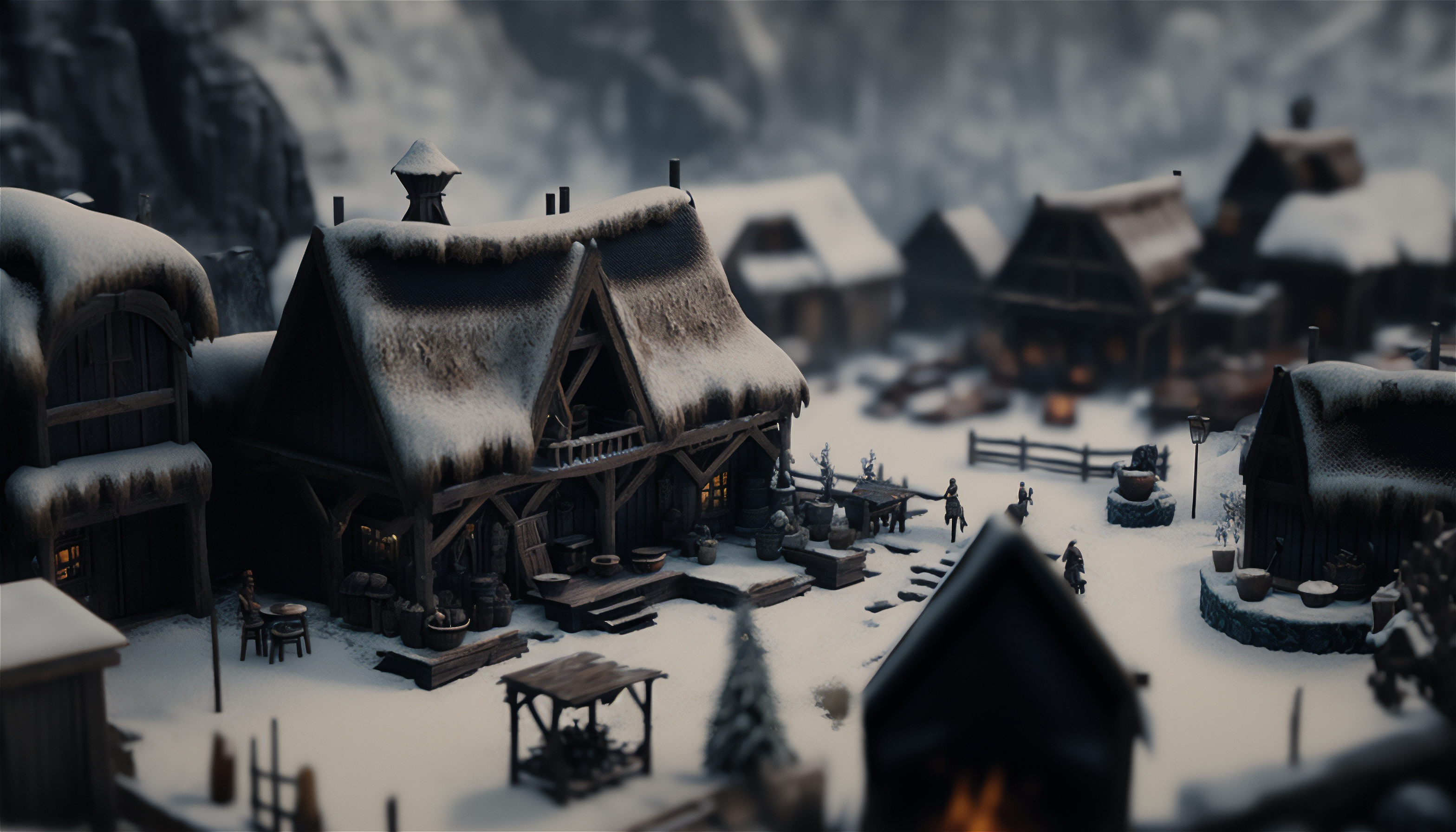 Ai Art Viking Village Tilt Shift Model Snow House 3136x1792