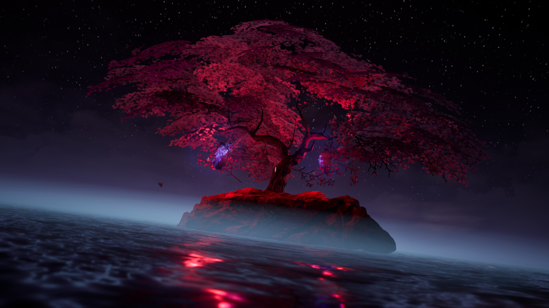 Cherry Trees Night Sky Water Island Purple Pink Color Red Desolate Sea Trees 1920x1080