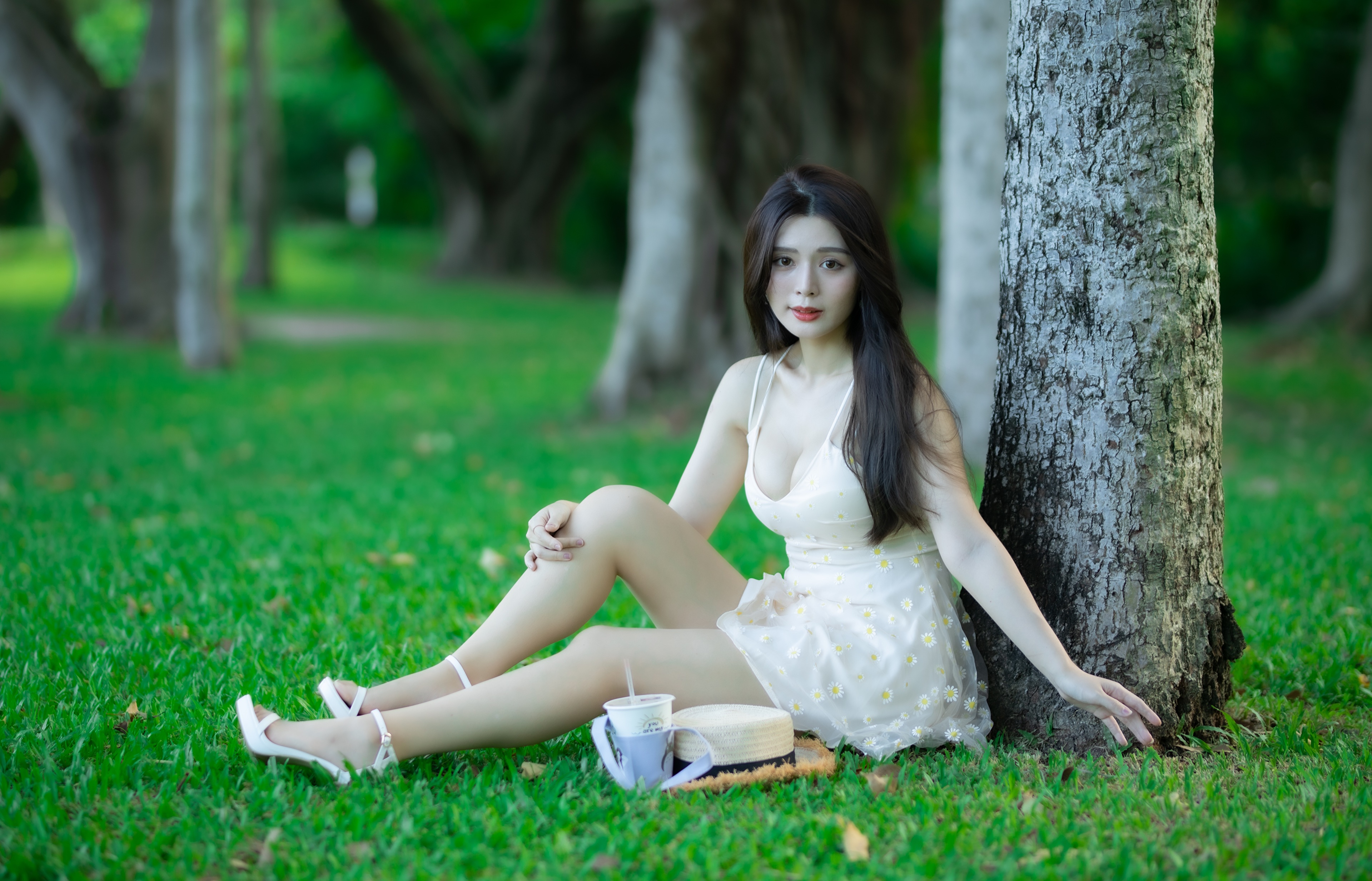 Asian Model Women Long Hair Dark Hair Sitting Trees Grass White Dress Straw Hat Depth Of Field Sanda 3840x2467