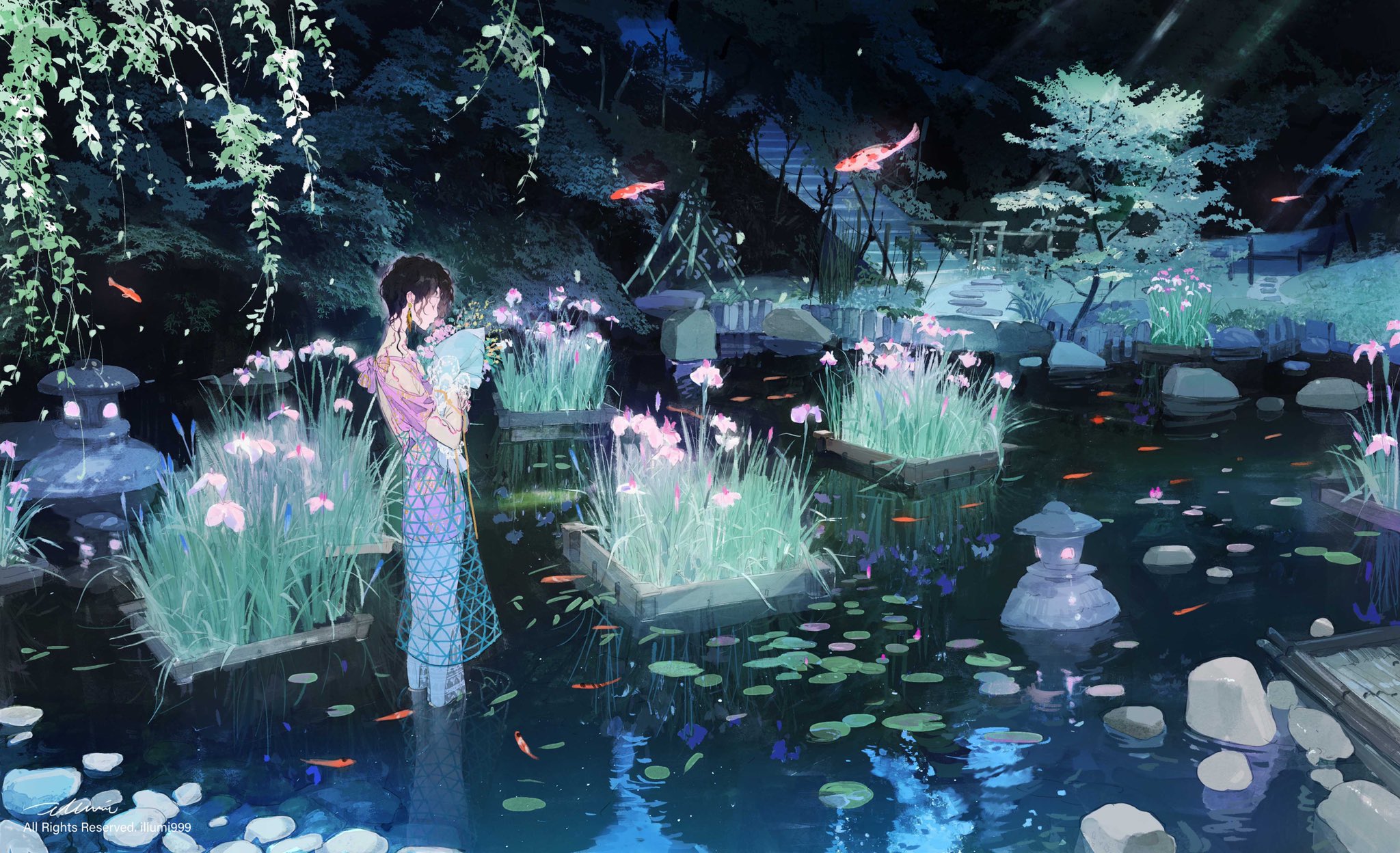 Anime Girls Reflection Plants Grass Fish Pond Trees Water Black Hair Closed Eyes Standing In Water L 2048x1248