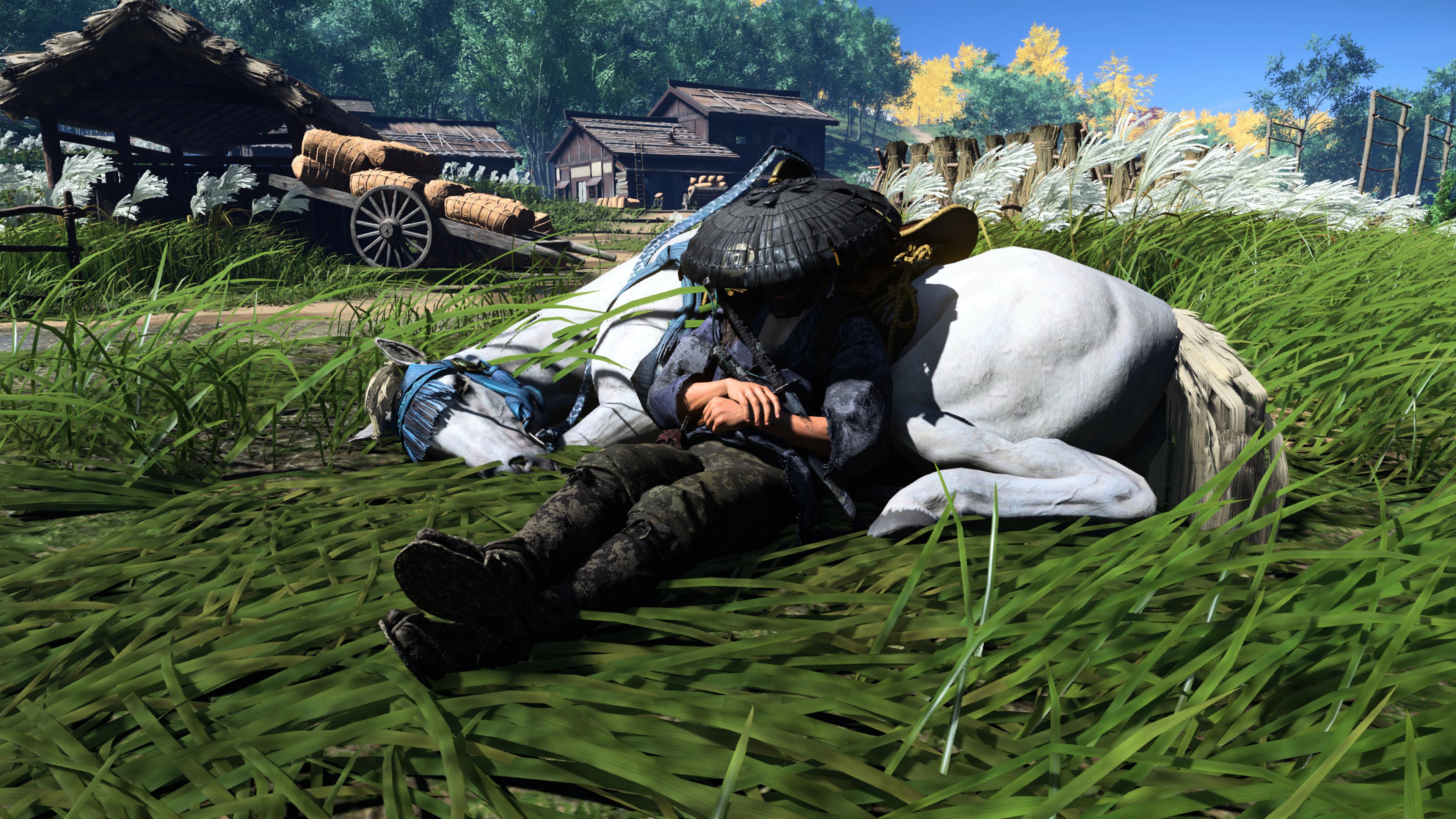 Ghost Of Tsushima Video Games Video Game Characters CGi Grass Sleeping Horse 3840x2160