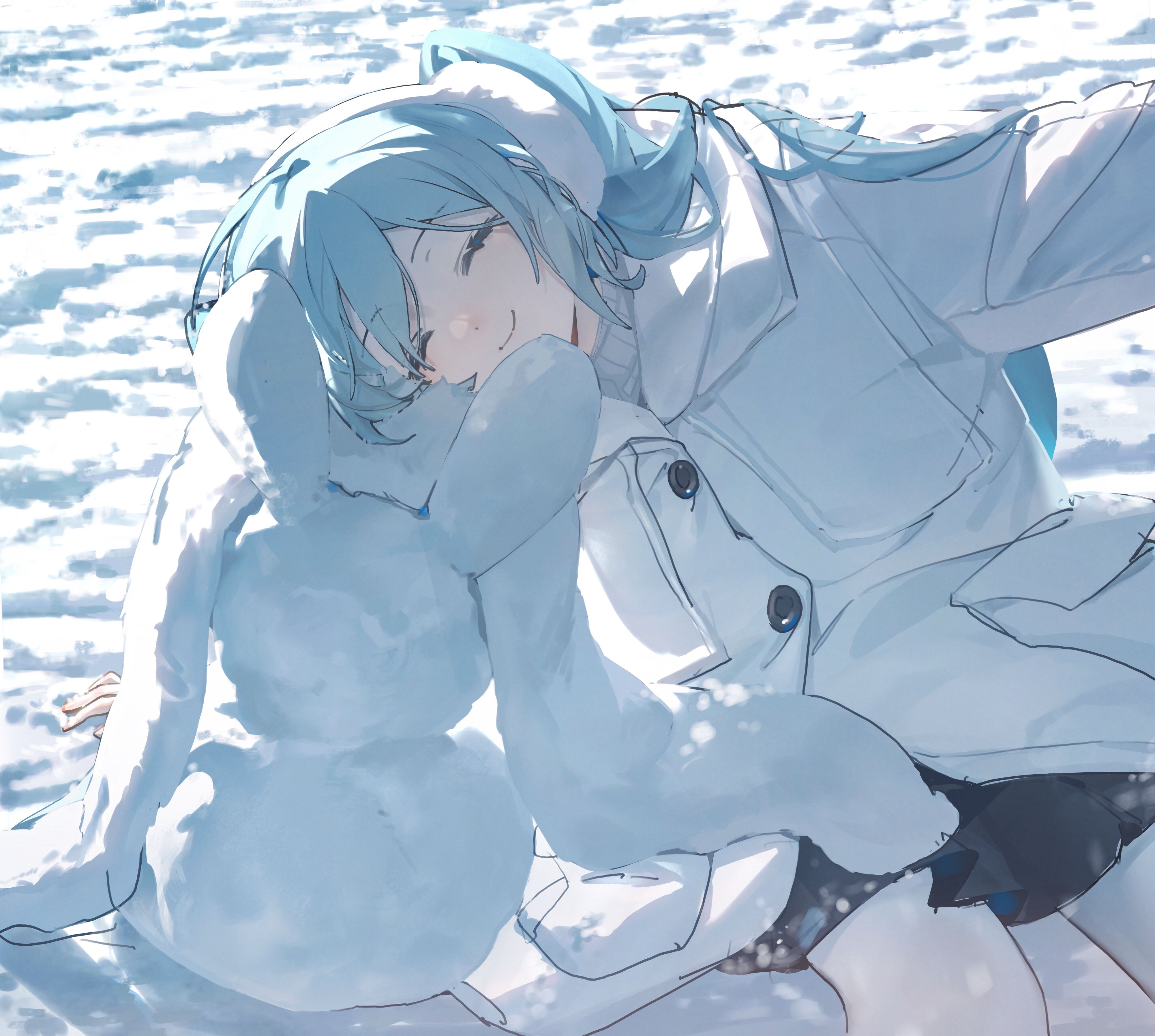 Pixiv Anime Snow Anime Girls Ear Muffs Closed Eyes Smiling Hatsune Miku Vocaloid Coats Winter Rabbit 4004x3590