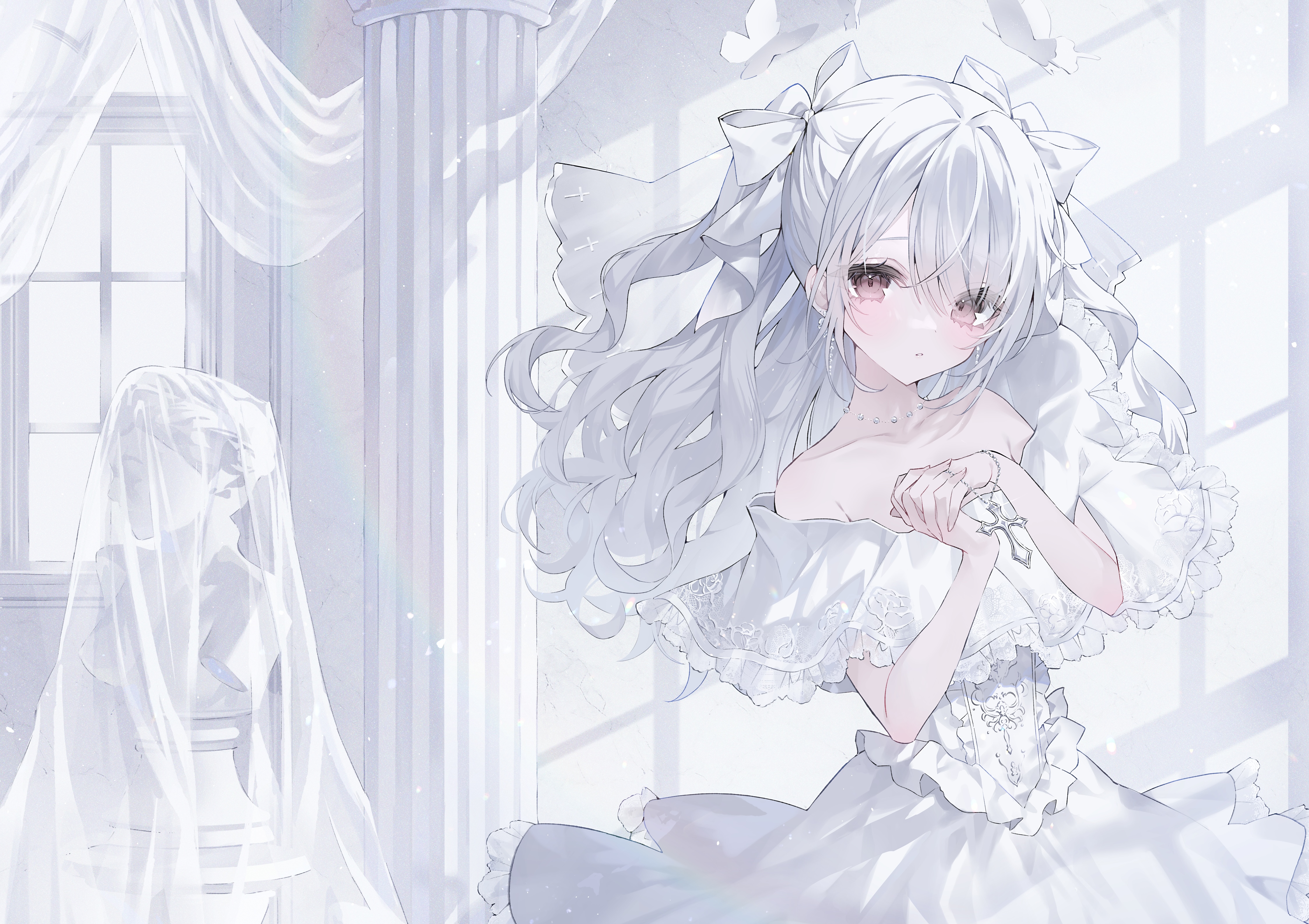 Anime Anime Girls White Hair White Dress Veils Pink Eyes Pale 4492x3171