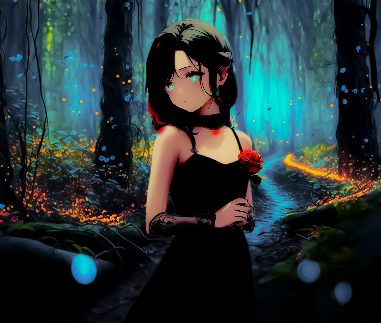 Anime Girls Anime Edit Flowers Trees Forest Path Glowing Eyes 1316x1118