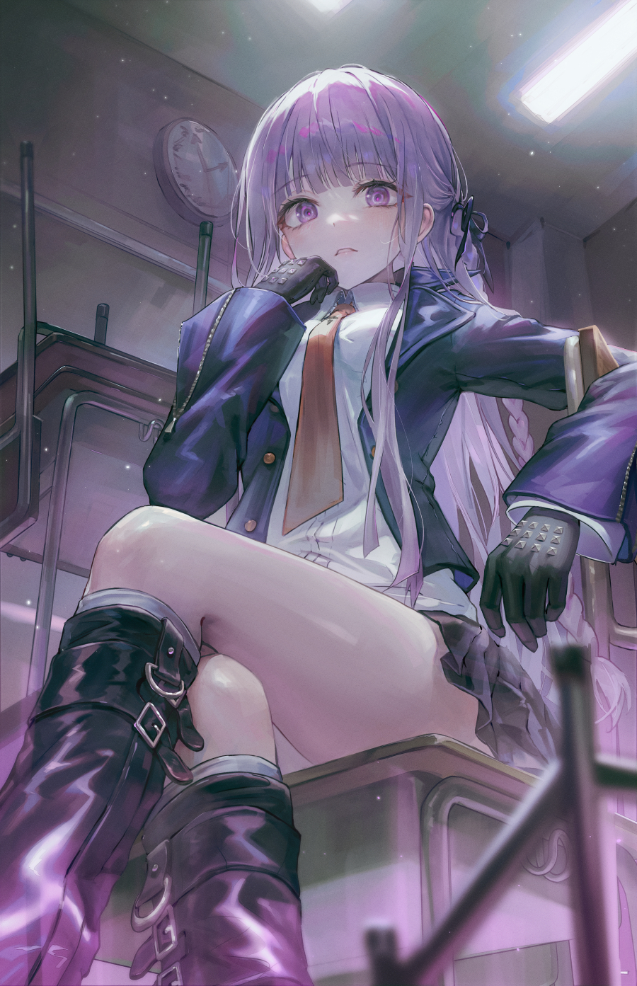 Anime Anime Girls Vertical Long Hair Purple Eyes Low Angle Legs Crossed Gloves Purple Hair Uniform D 900x1393