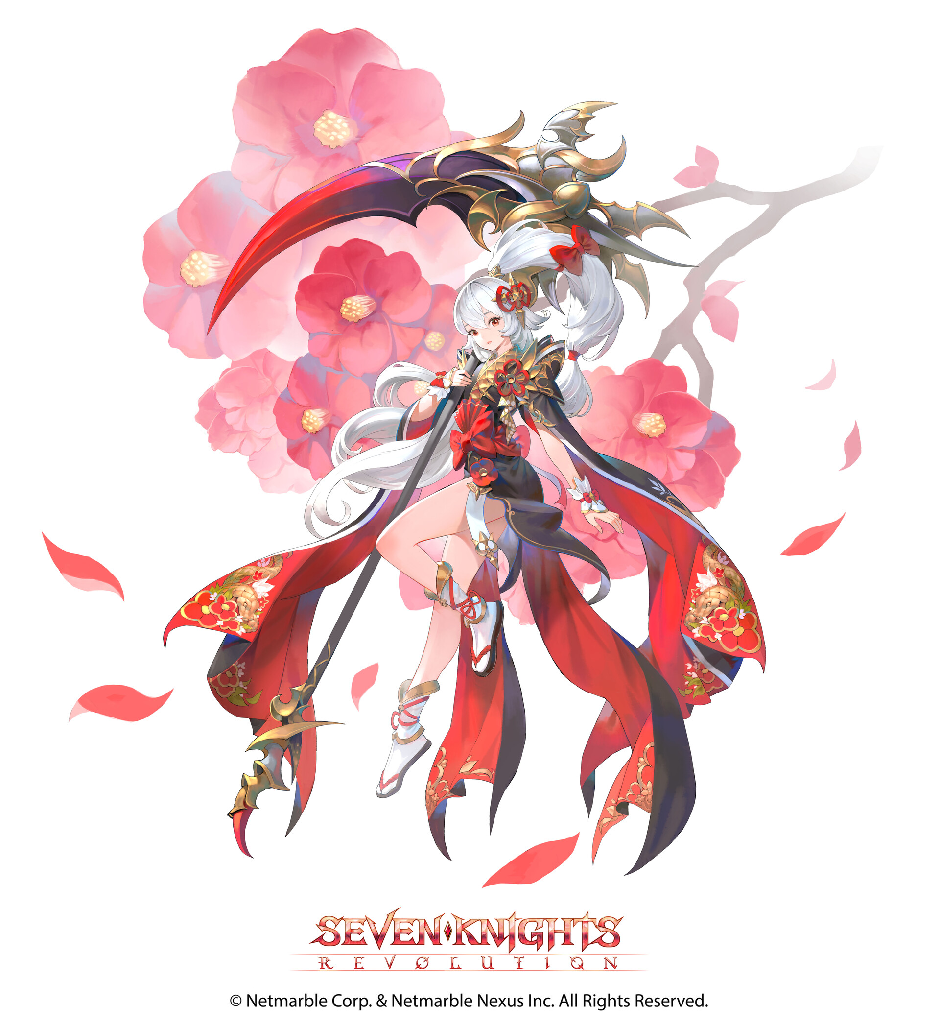 Hyeonsick Choi Drawing Anime Girls Red Dress Flowers Scythe Silver Hair Vertical Petals Weapon Looki 1920x2099