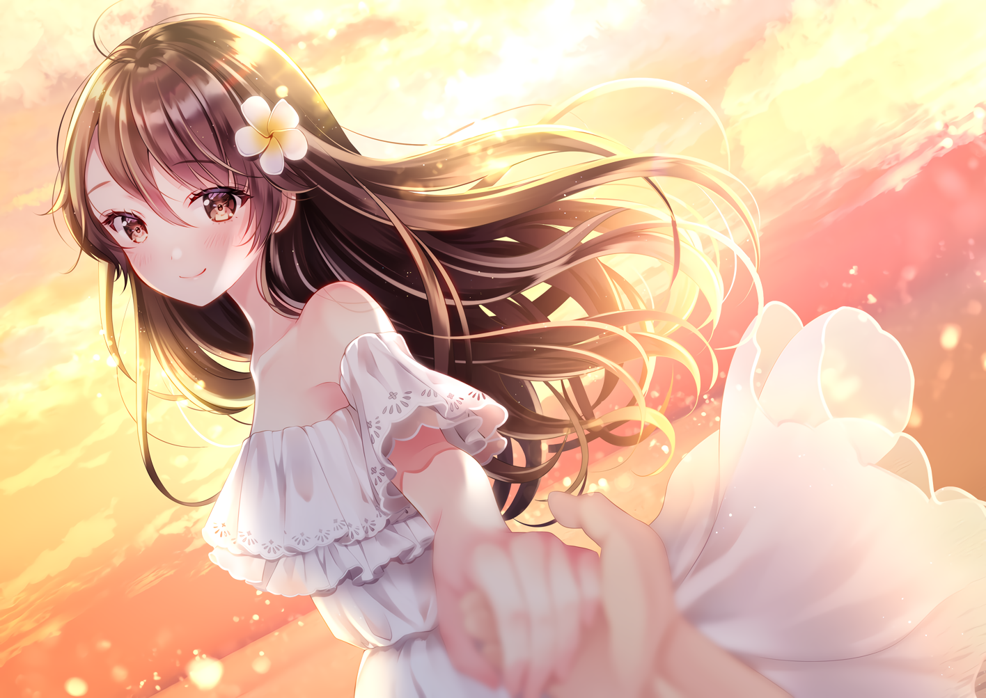 Anime Anime Girls Flower In Hair Long Hair Smiling Brunette Brown Eyes Sunlight Sunset Sunset Glow D 1416x1003