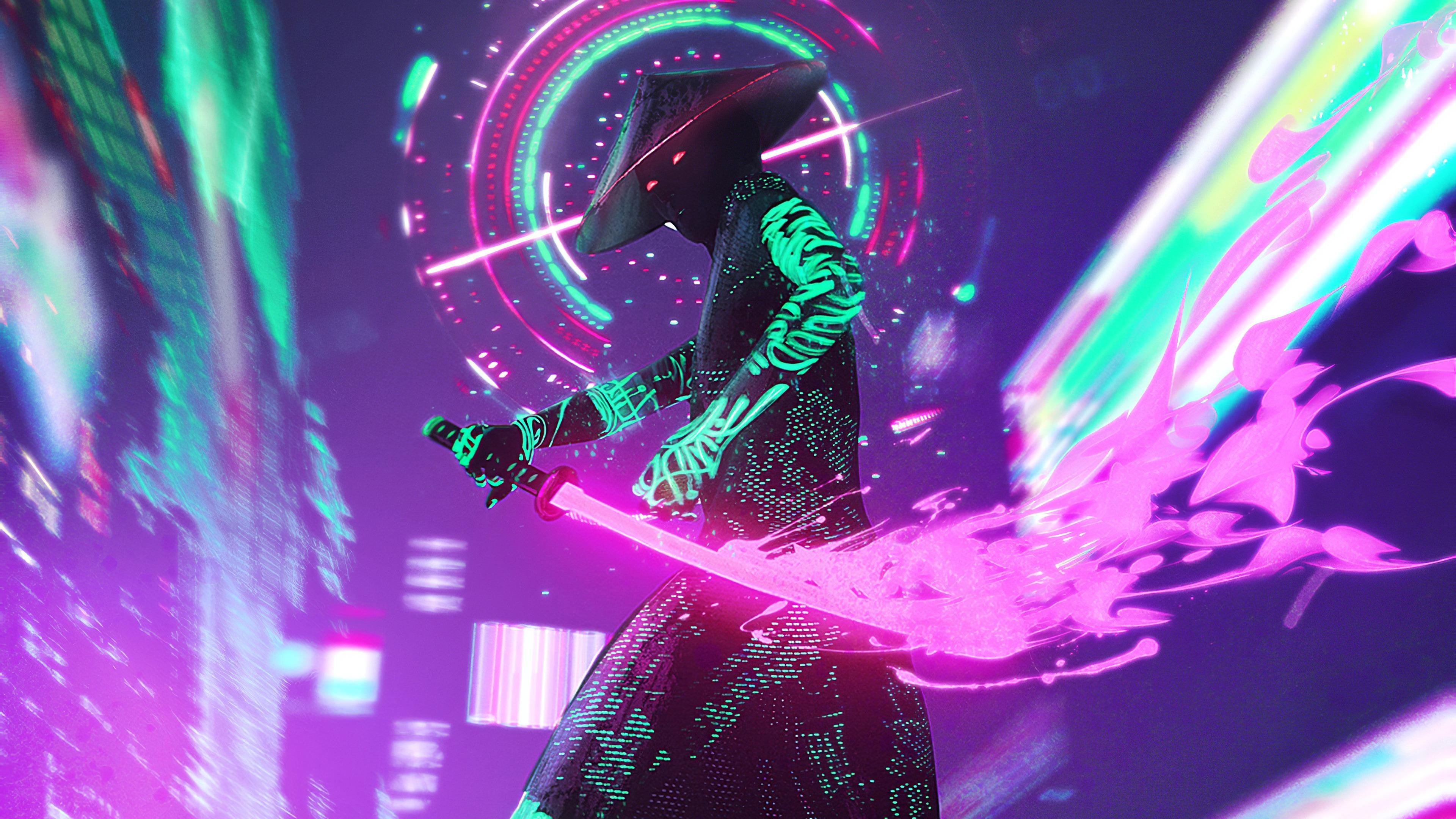 Samurai Cyberpunk Futuristic People Sword Neon Digital 3840x2160