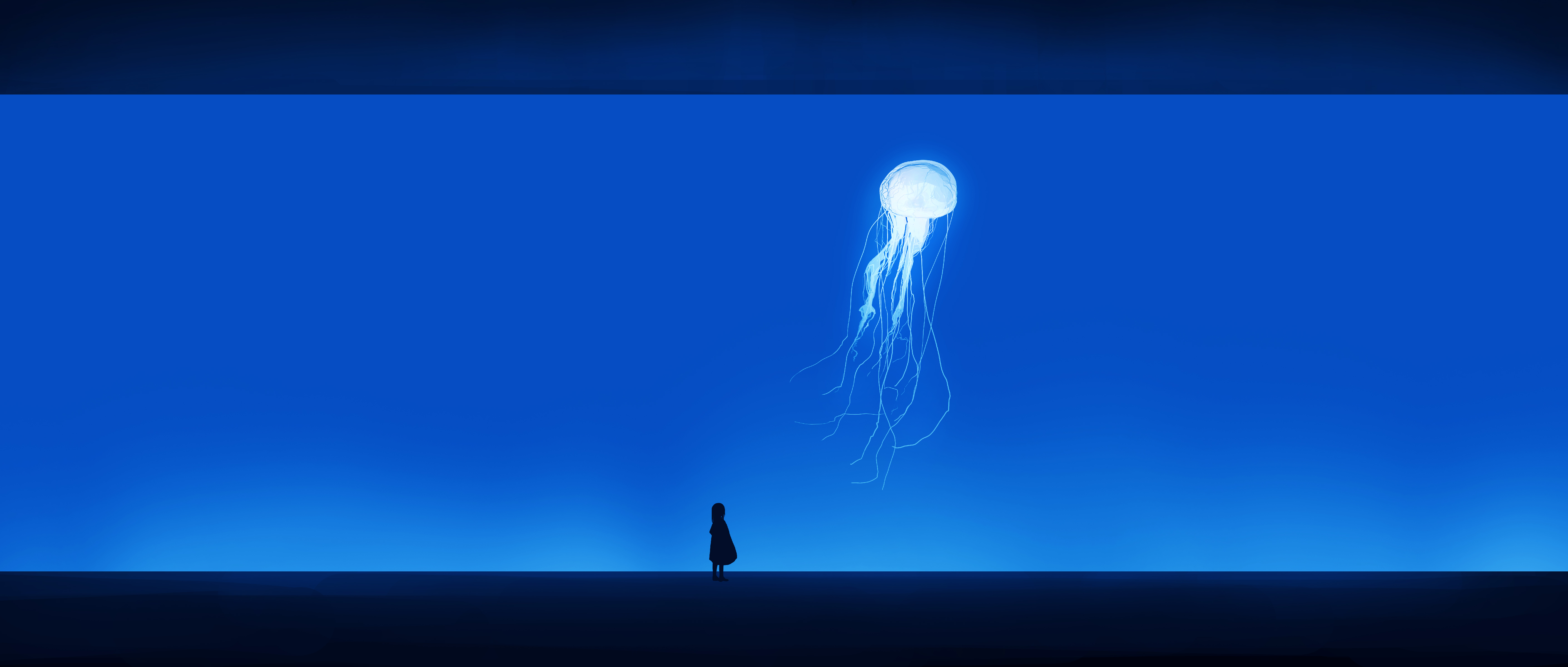 Anime Artwork Anime Girls Silhouette Gracile Jellyfish Simple Background Minimalism Animals 5640x2400