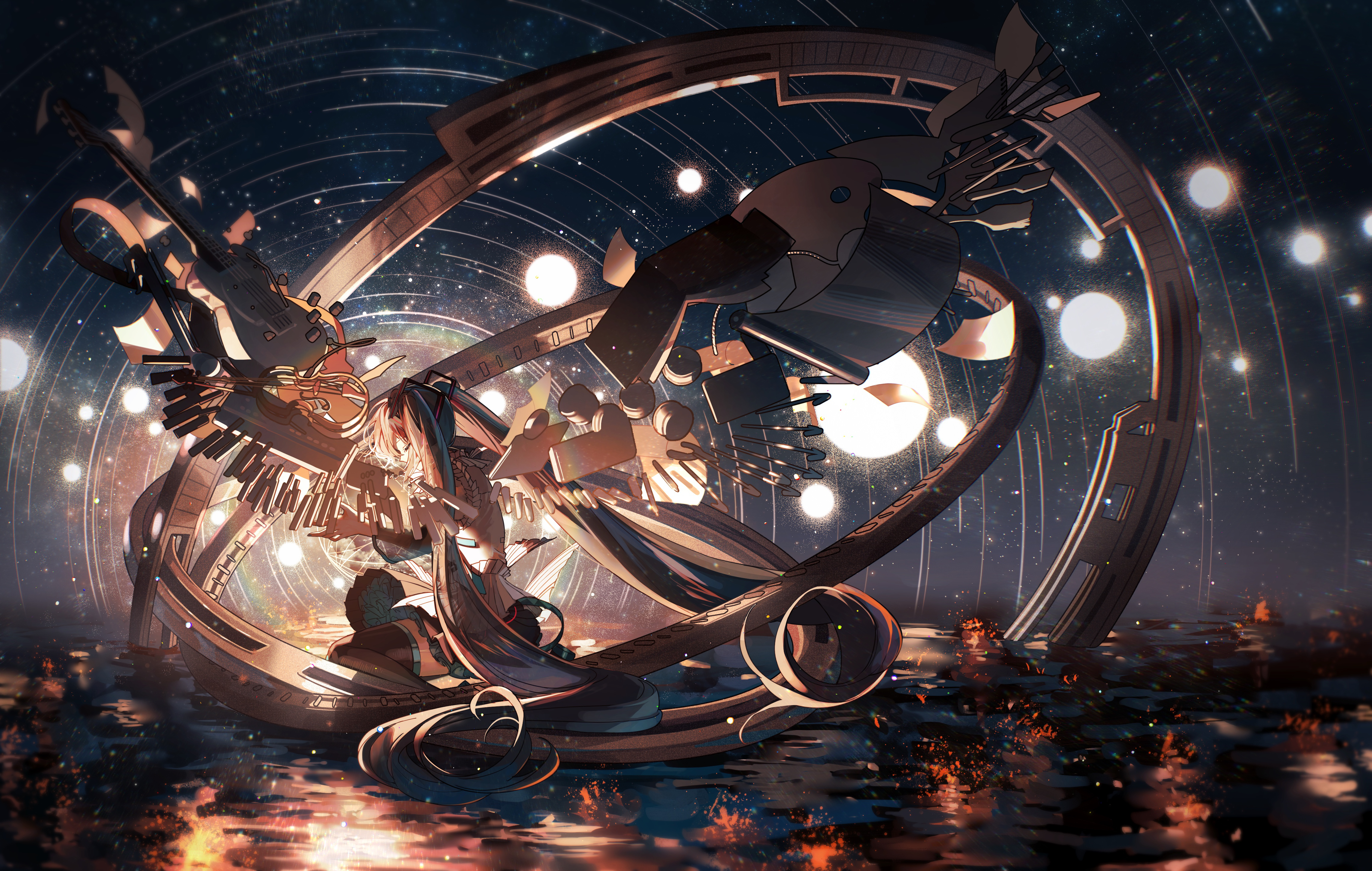 Anime Anime Girls Vocaloid Hatsune Miku Long Hair Twintails Closed Eyes Water Stars Night Sky Thigh  4560x2894