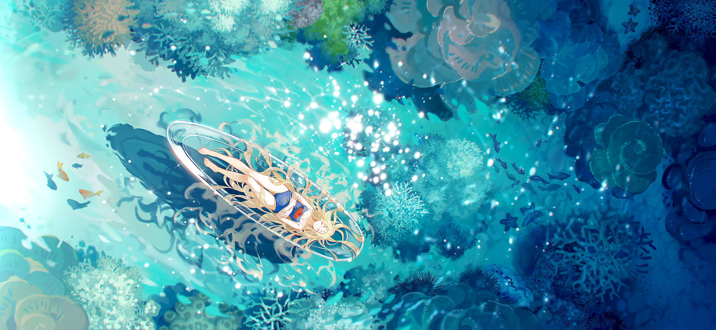 Anime Anime Girls Water Lying On Back Blonde Closed Eyes Coral Top View Fish Reflection 2500x1154