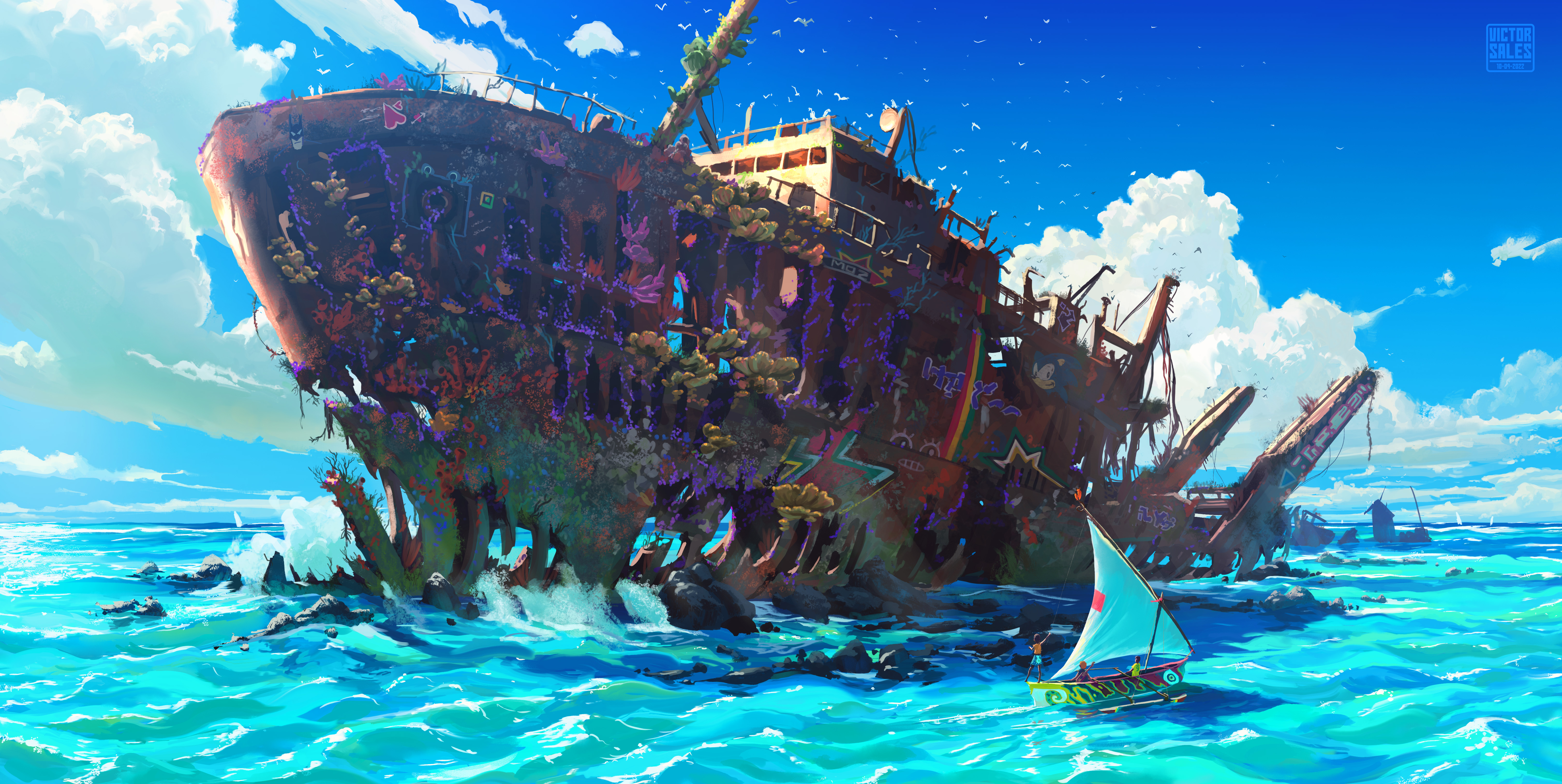 VSales Digital Art Artwork Illustration Landscape Sea Water Boat Clouds Ruins Sky Shipwreck Sailing  6038x3032