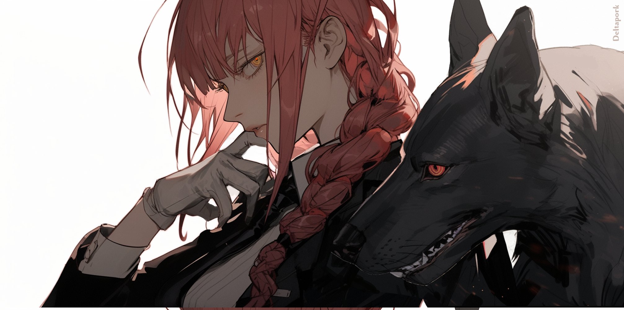 Makima Chainsaw Man Chainsaw Man Dog Looking At Viewer Braids Redhead Yellow Eyes Simple Background  2014x1000