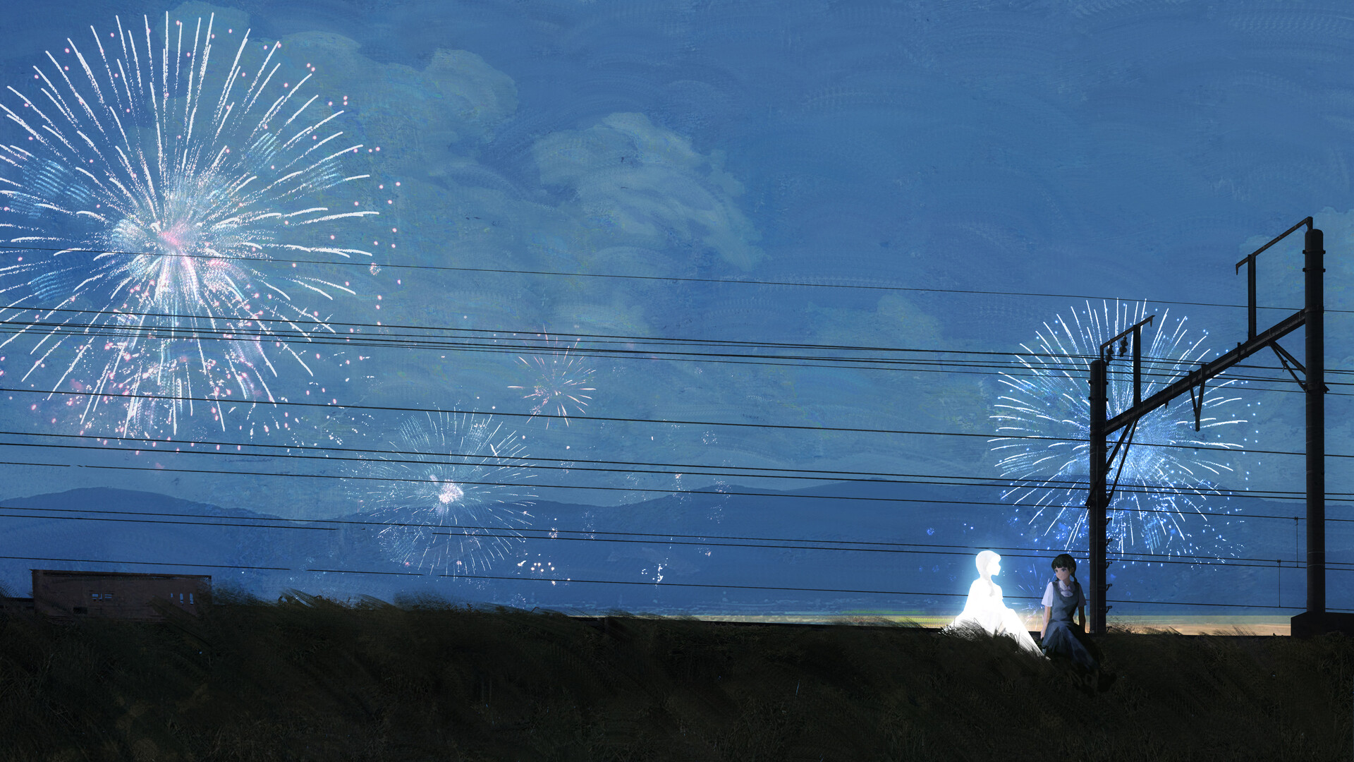 DannyLaiLai ArtStation Fireworks Sky Anime Girls 1920x1080