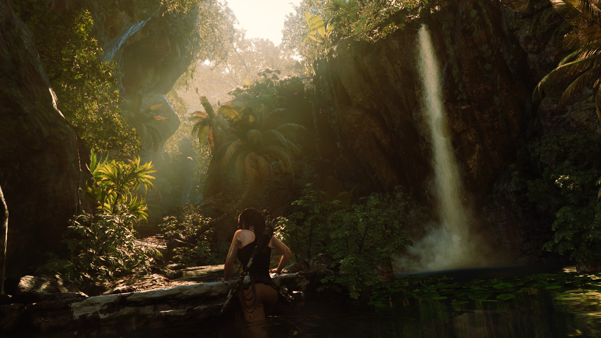 Shadow Of The Tomb Raider Lara Croft Tomb Raider Forest Waterfall Girls With Bows Video Games CGi Na 1920x1080