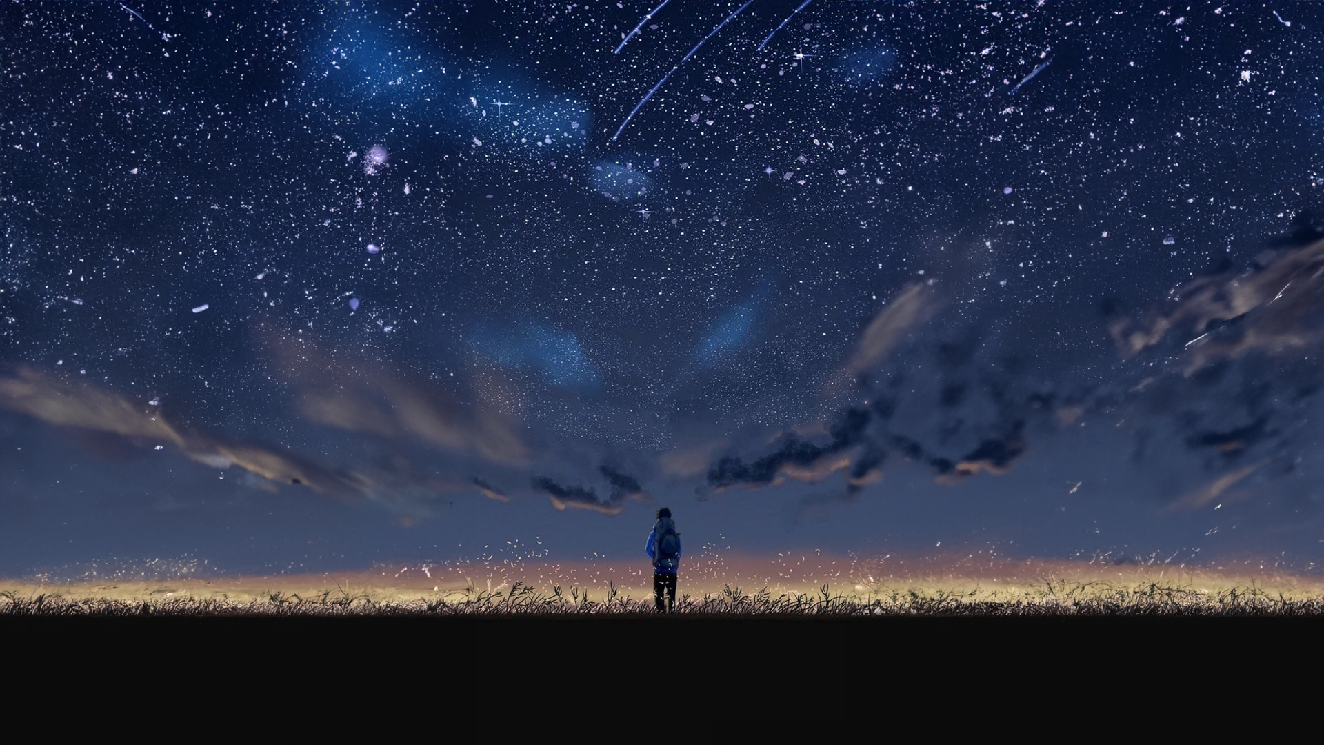 Stars Clouds Grass Shooting Stars Standing Night Backpacks Looking Into The Distance Sky 1920x1080