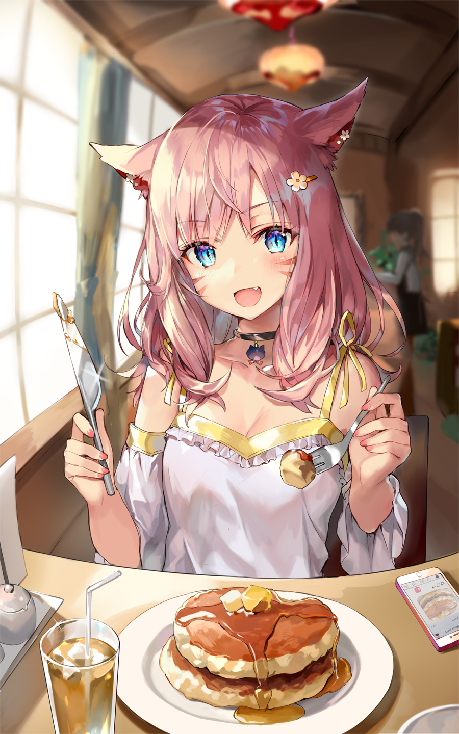 Anime Girls Anime Pancakes Food Fork Knife Drink Vertical Cat Girl Cat Ears Collar Phone Syrup 900x1440