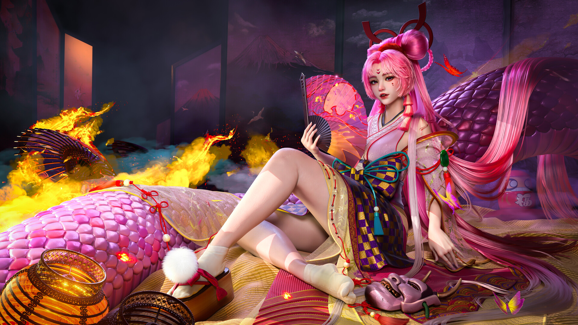 Glen WWxg CGi Women Pink Hair Hair Accessories Chinese Dress Fans Sandals Pink Pillow Fire Scales Ch 1920x1080
