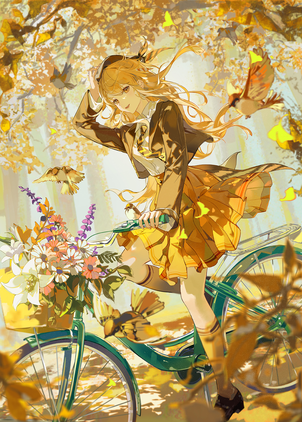 Li Flag Anime Anime Girls Looking At Viewer Bicycle Colorful Birds Blonde Long Hair Straight Hair Fl 1248x1746