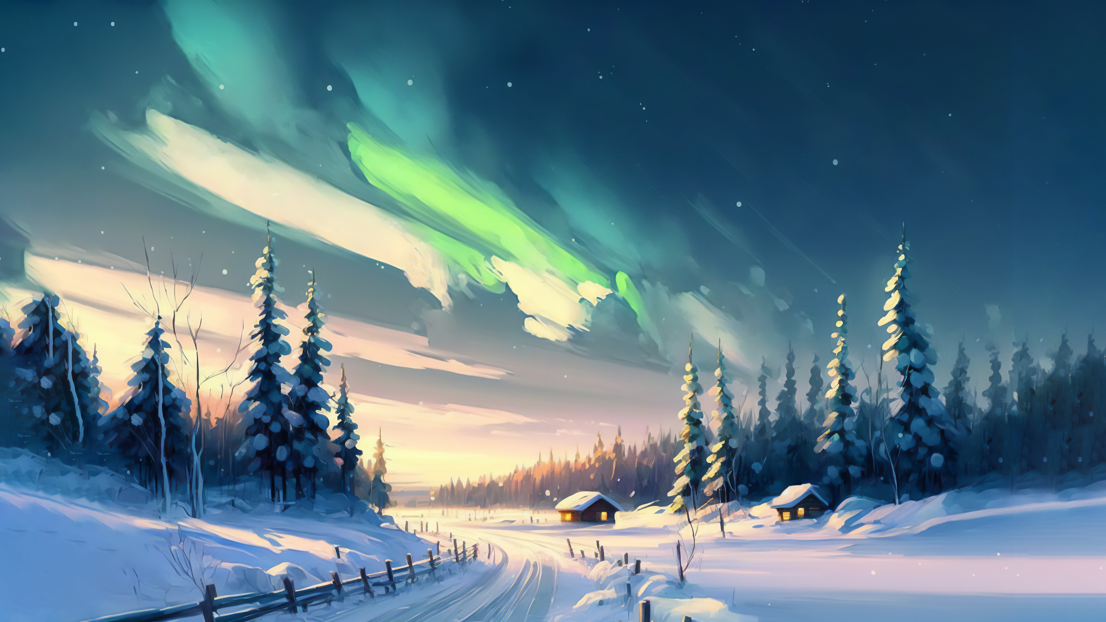 Ai Art Trees Forest Snow Winter Clouds Aurorae Stars Nature Sky Path 3640x2048