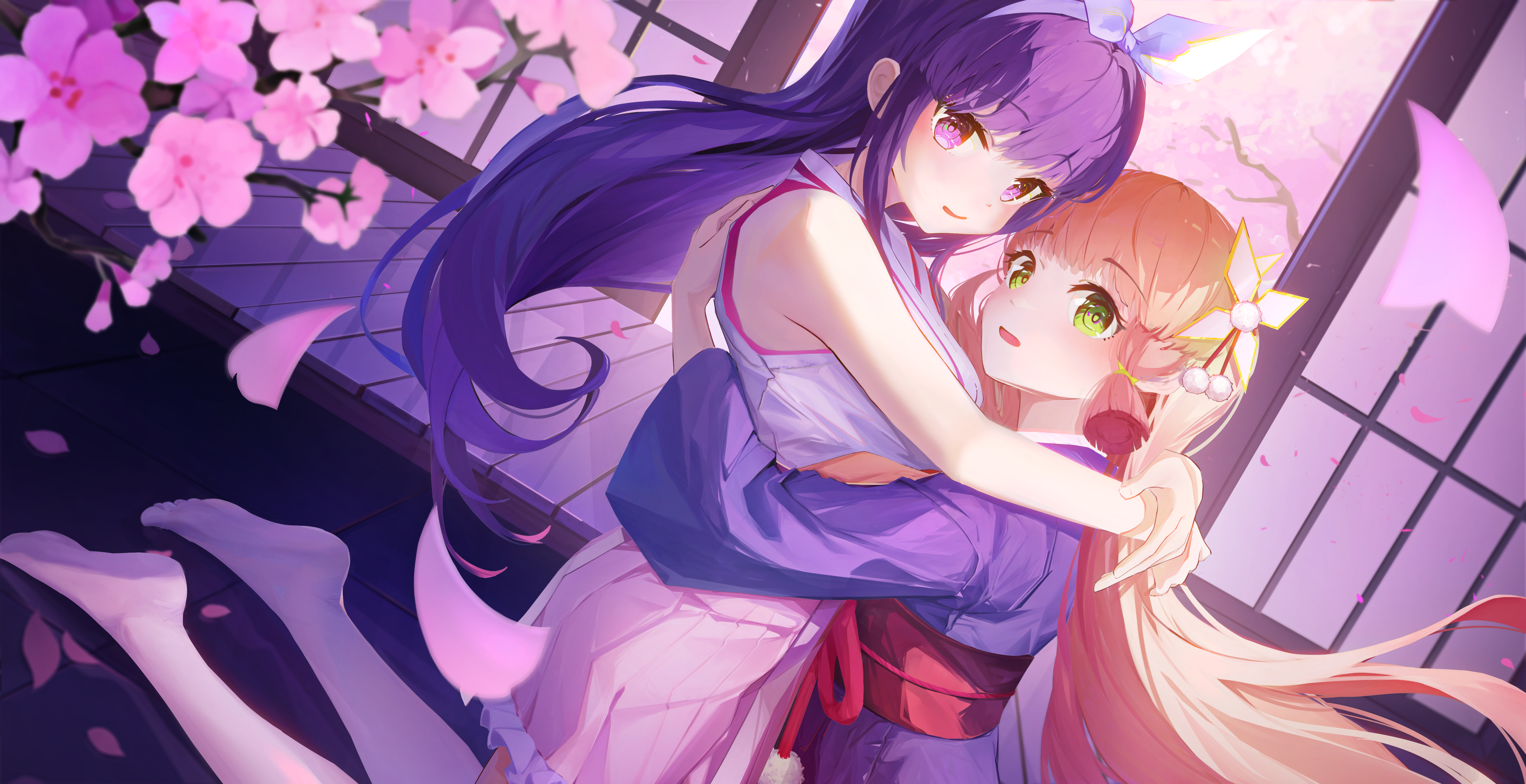 Anime Anime Girls Hugging Long Hair Flowers Petals Looking At Viewer Blonde Green Eyes Kimono Purple 5627x2894