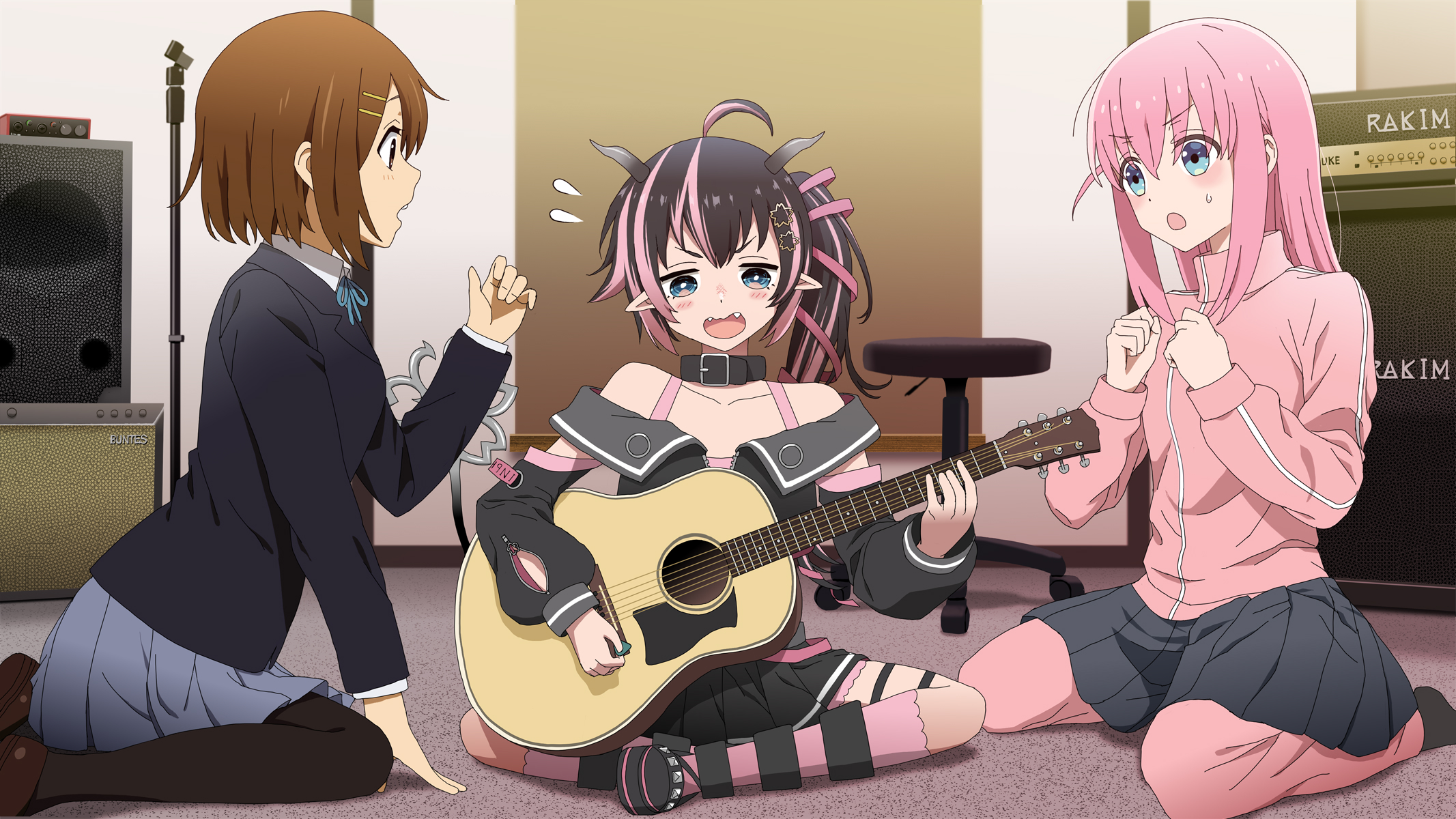 Anime Anime Girls K ON BOCCHi THE ROCK Hirasawa Yui Guitar Oinomori May Room Virtual Youtuber Blushi 2133x1200