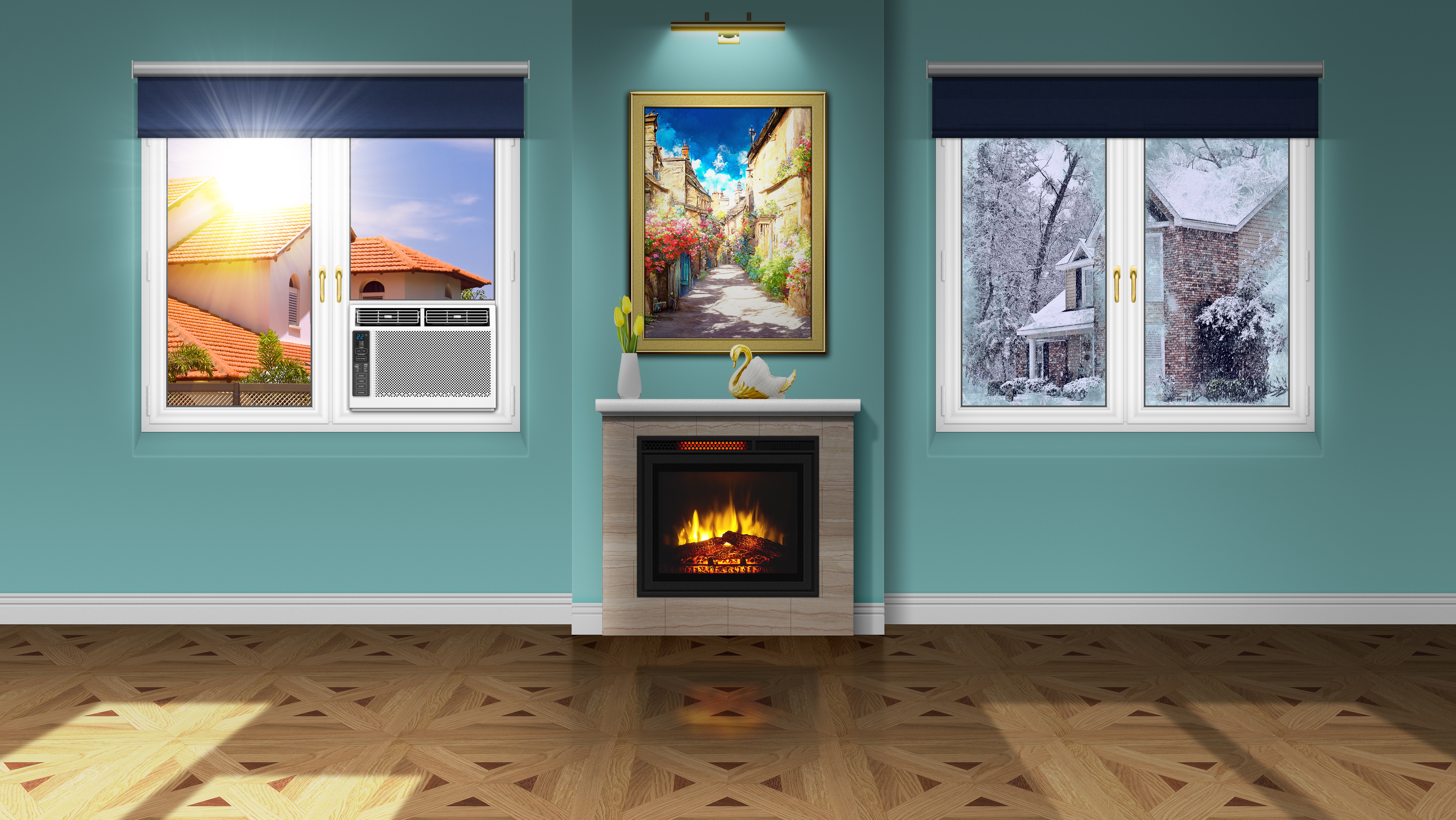 Living Rooms Summer Winter Digital Art Window Sunlight Fireplace Picture Frames Swan 7000x3940