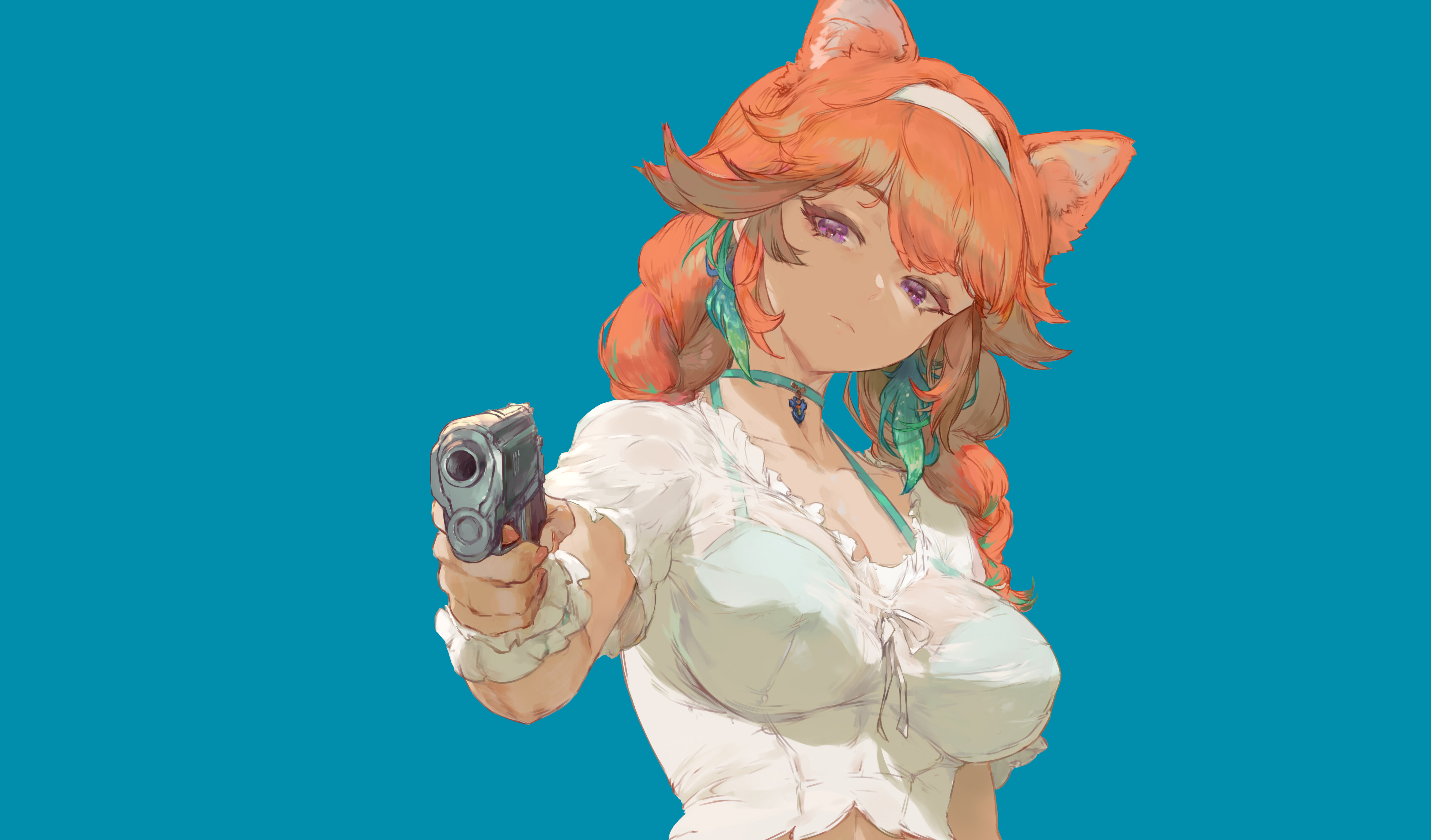 Minimalism Anime Girls Cat Girl Gun Pistol Takanashi Kiara Hololive Redhead Blue Background Simple B 5450x3199
